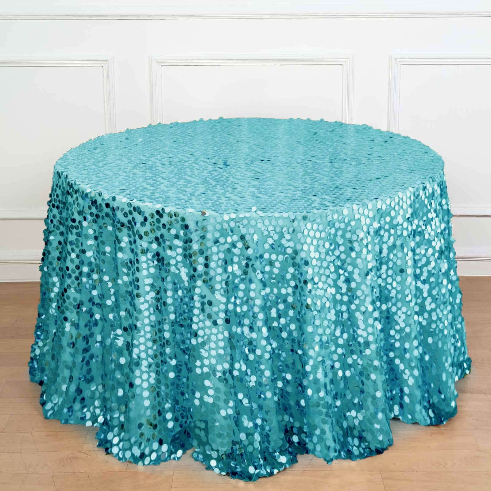 Promo! Turquoise Sequin 120-Inch Round Seamless Tablecloth for Weddings and Events