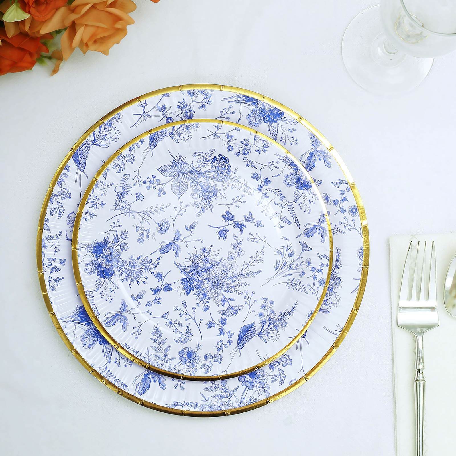 Hot Deal! 25-Pack Disposable 7-Inch Round White Dessert Plates with Light Blue French Toile & Gold Rim