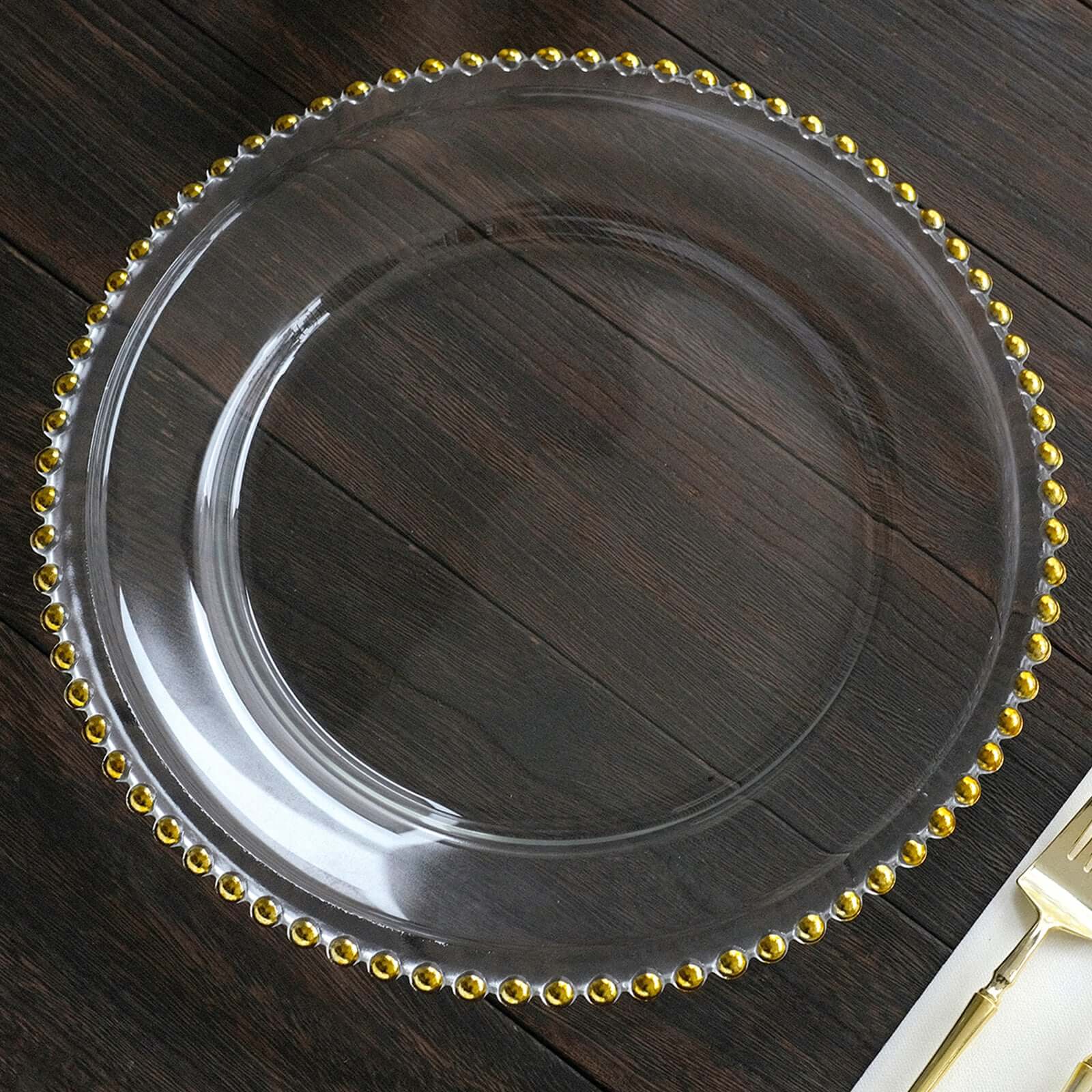12-Inch Gold Glass Round Charger Plates with Beaded Rim, Set of 8 for Event Decor