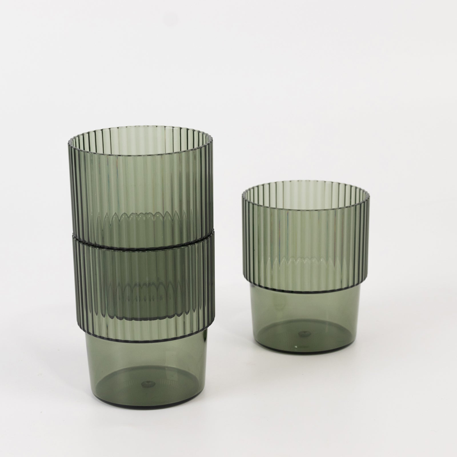 12-Pack Stackable 7oz Reusable Plastic Short Drinking Glasses in Hunter Emerald Green with Ribbed Pattern - Great Value!