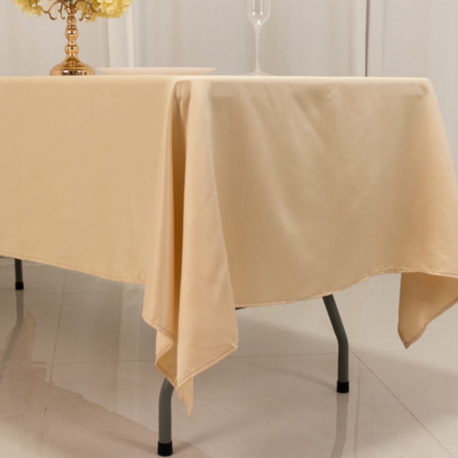 Beige Lamour Satin Rectangle Tablecloth - Durable & Silky Soft, Ideal for Events