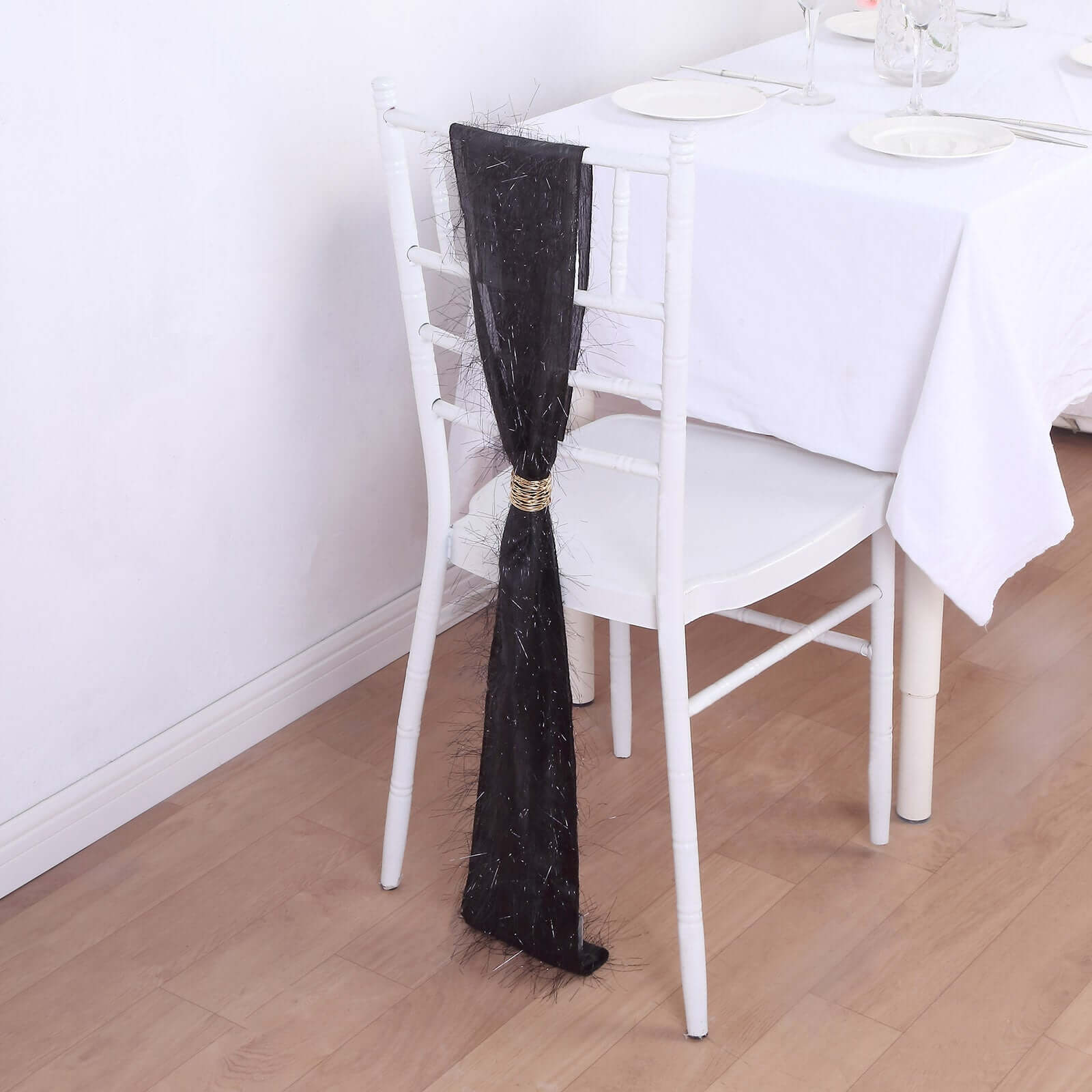 5-Piece Set of Black Metallic Tinsel Fringe Polyester Chair Sashes - Effortless Chair Bows, 6x108