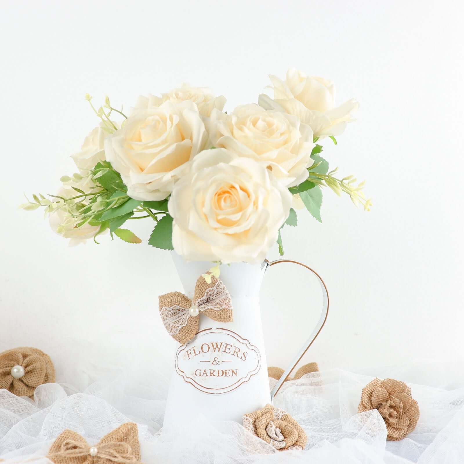 24 Pcs Natural Burlap Flower and Bow Set with Lace Ribbon, 8 Assorted Styles, 30 Sticker Dots Included