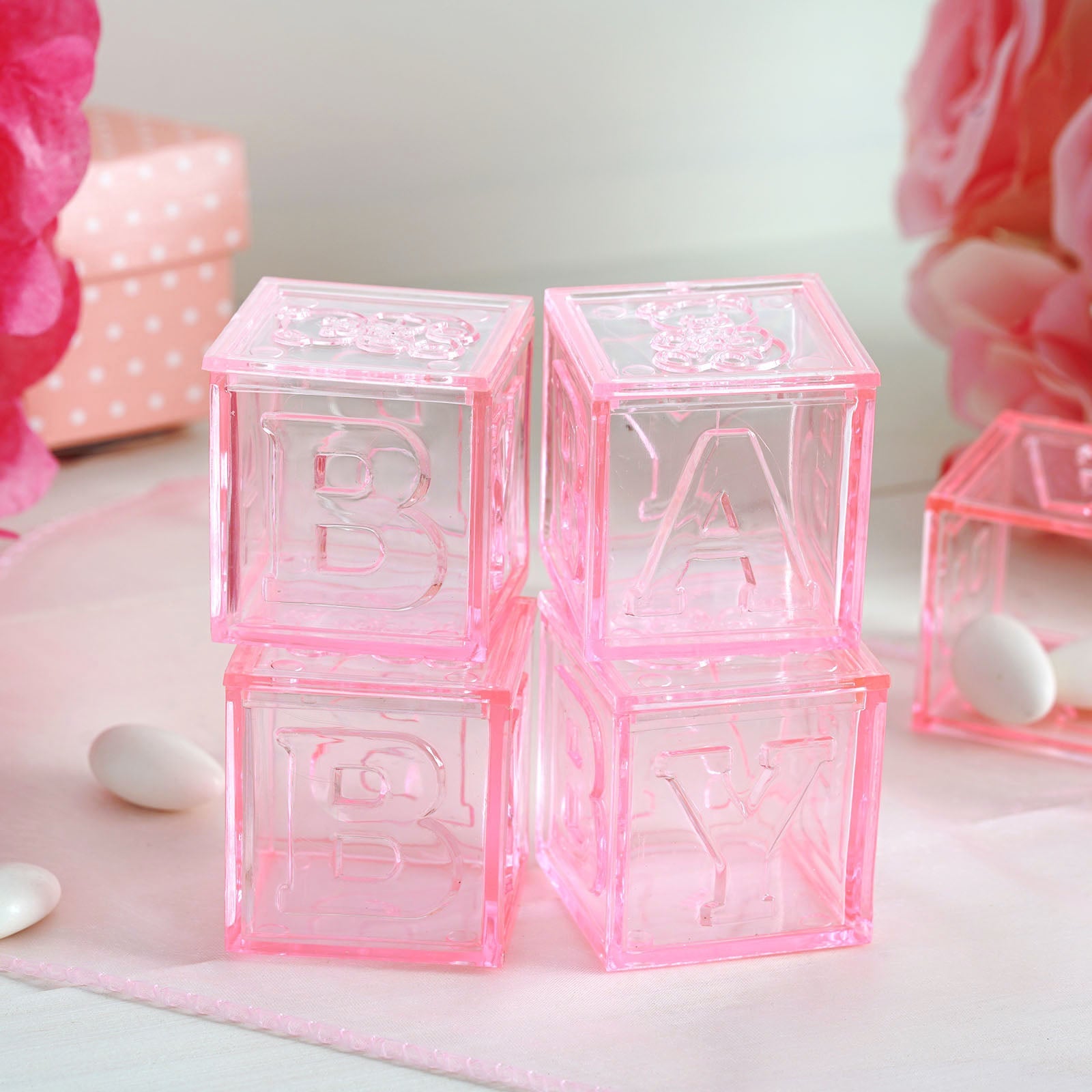 Hot Sale! 12-Pack Pink Plastic Fillable Baby Shower Candy Gift Boxes in Transparent Baby Blocks Shape