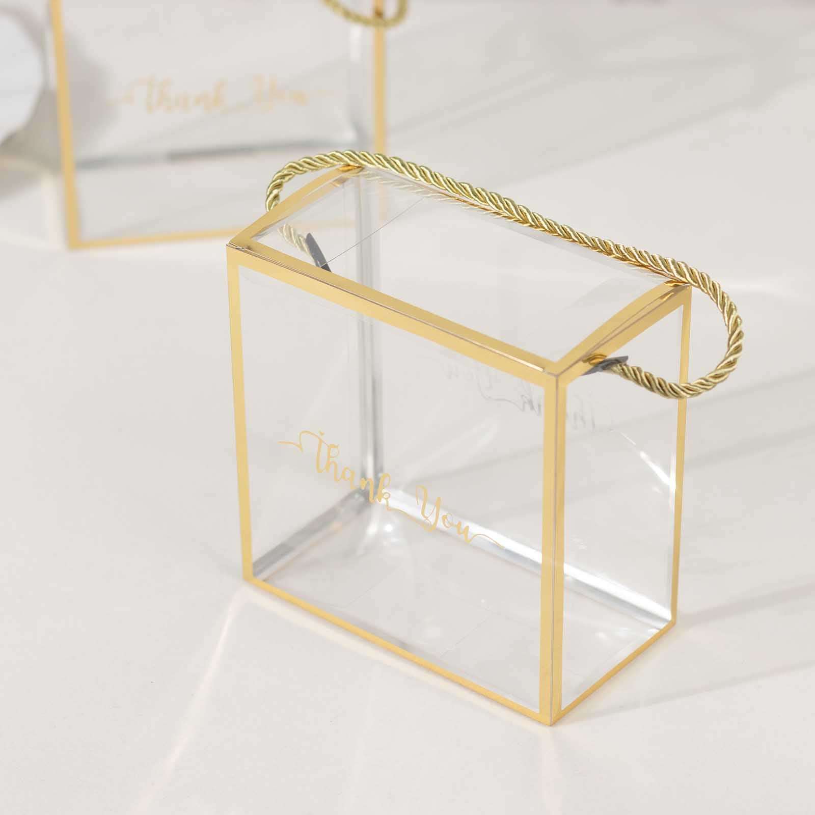 25-Pack Gold-Trimmed Clear PVC Portable Candy Favor Boxes with Rope Handles and 'Thank You' Print