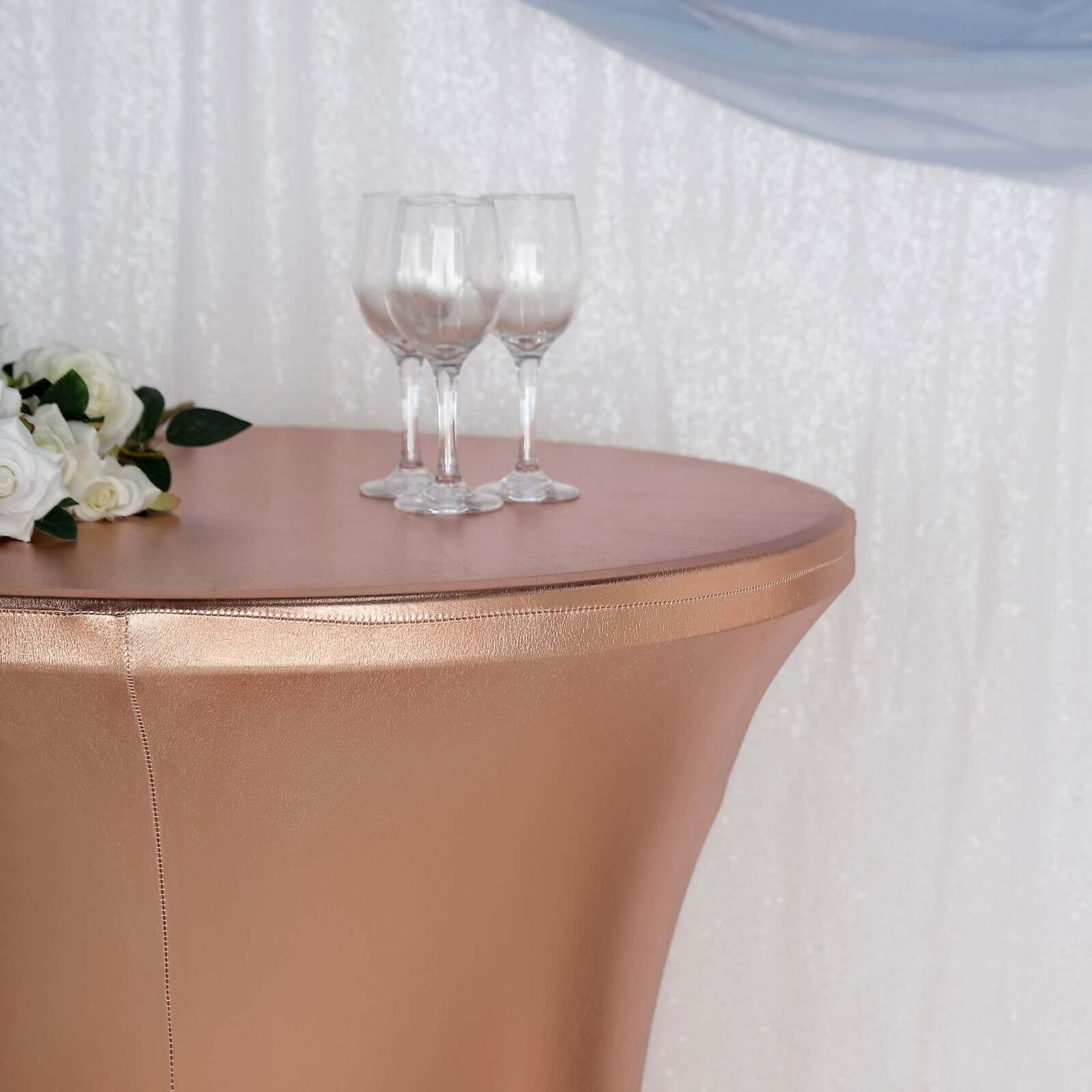 Exclusive Blush Metallic Spandex Stretch Cocktail Table Cover - 30" - 32" Diameter, Water-Resistant
