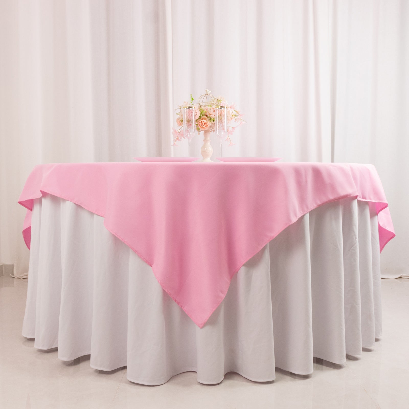 Hot Deal! 70x70 Pink Square Polyester Table Overlay 220GSM Wrinkle-Resistant Tablecloth