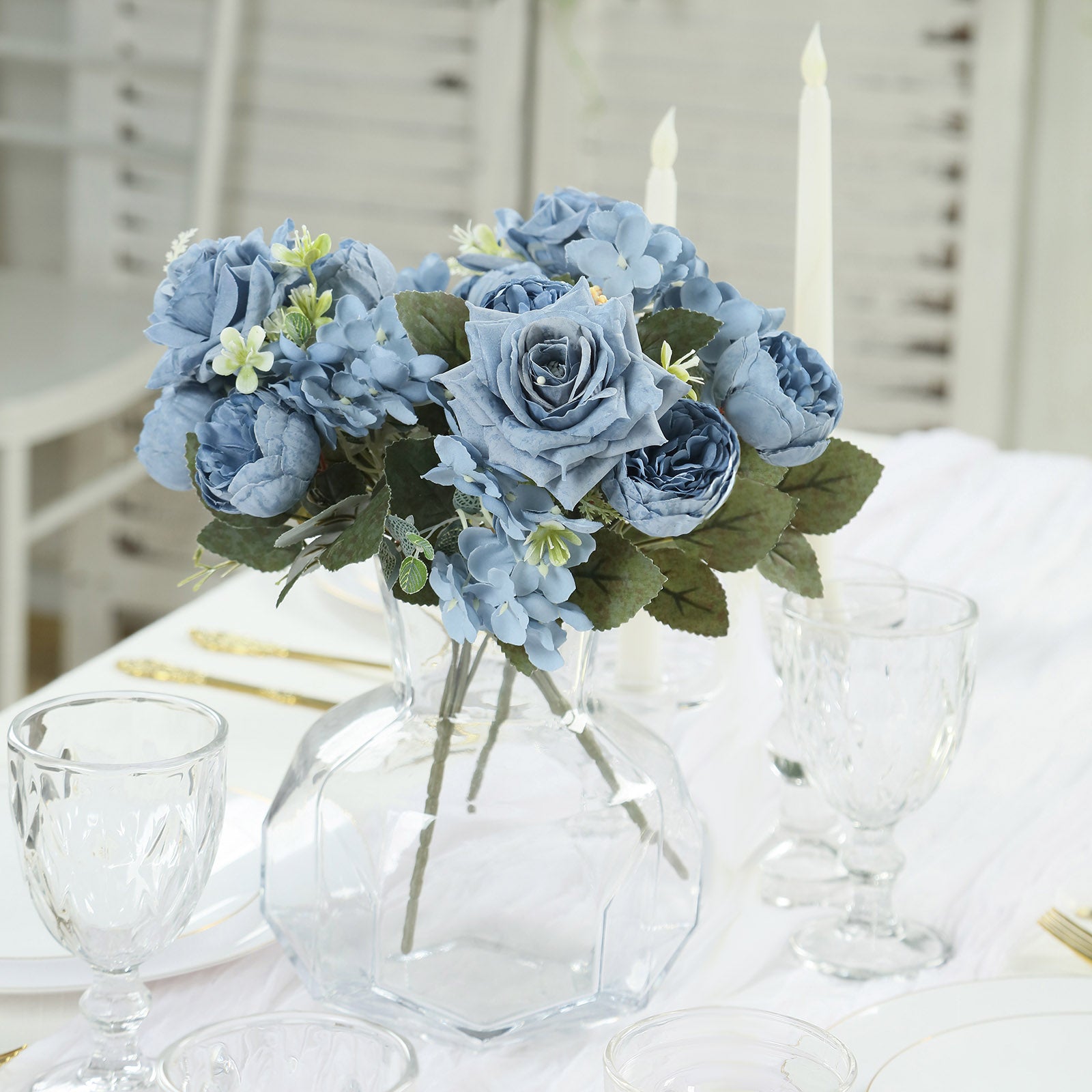 2-Pack Dusty Blue Artificial Rose & Peony Silk Bouquets for Weddings and Home Decor - Great Deal