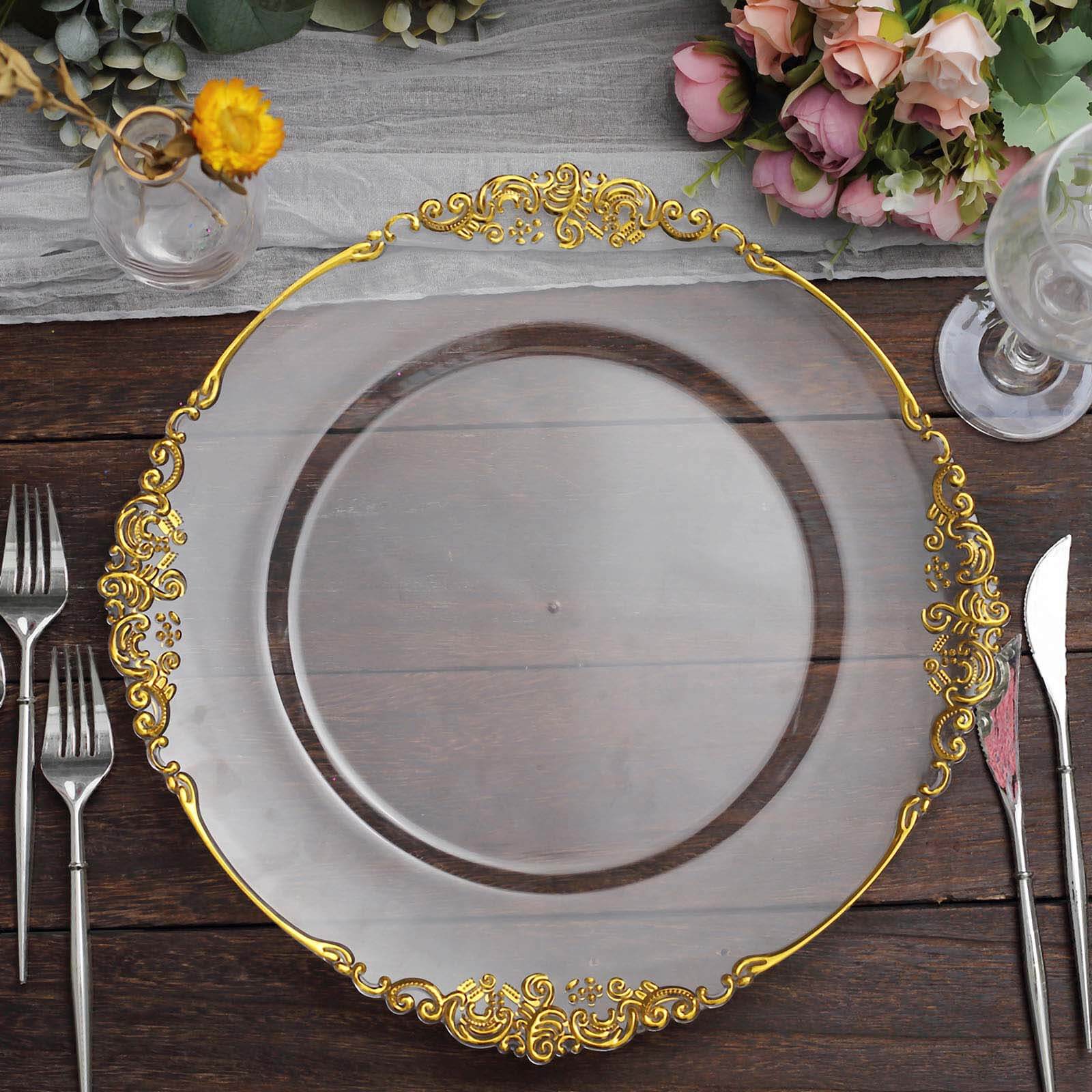 Hot Sale! 6-Pack 13-inch Clear Acrylic Round Charger Plates with Gold Embossed Baroque Rim for Antique Dinner Parties