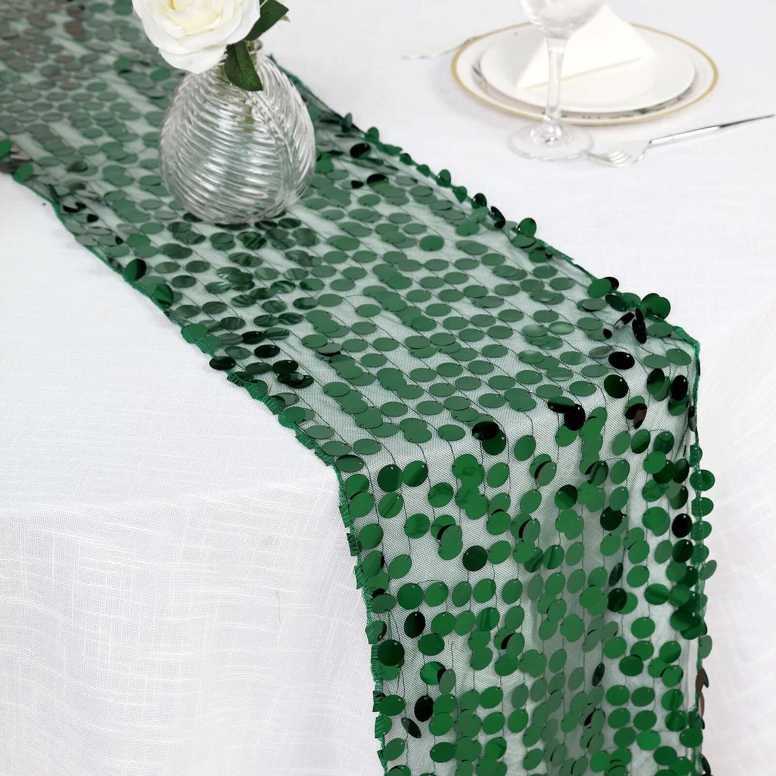13x108 Hunter Emerald Green Big Payette Sequin Table Runner - Stunning Design