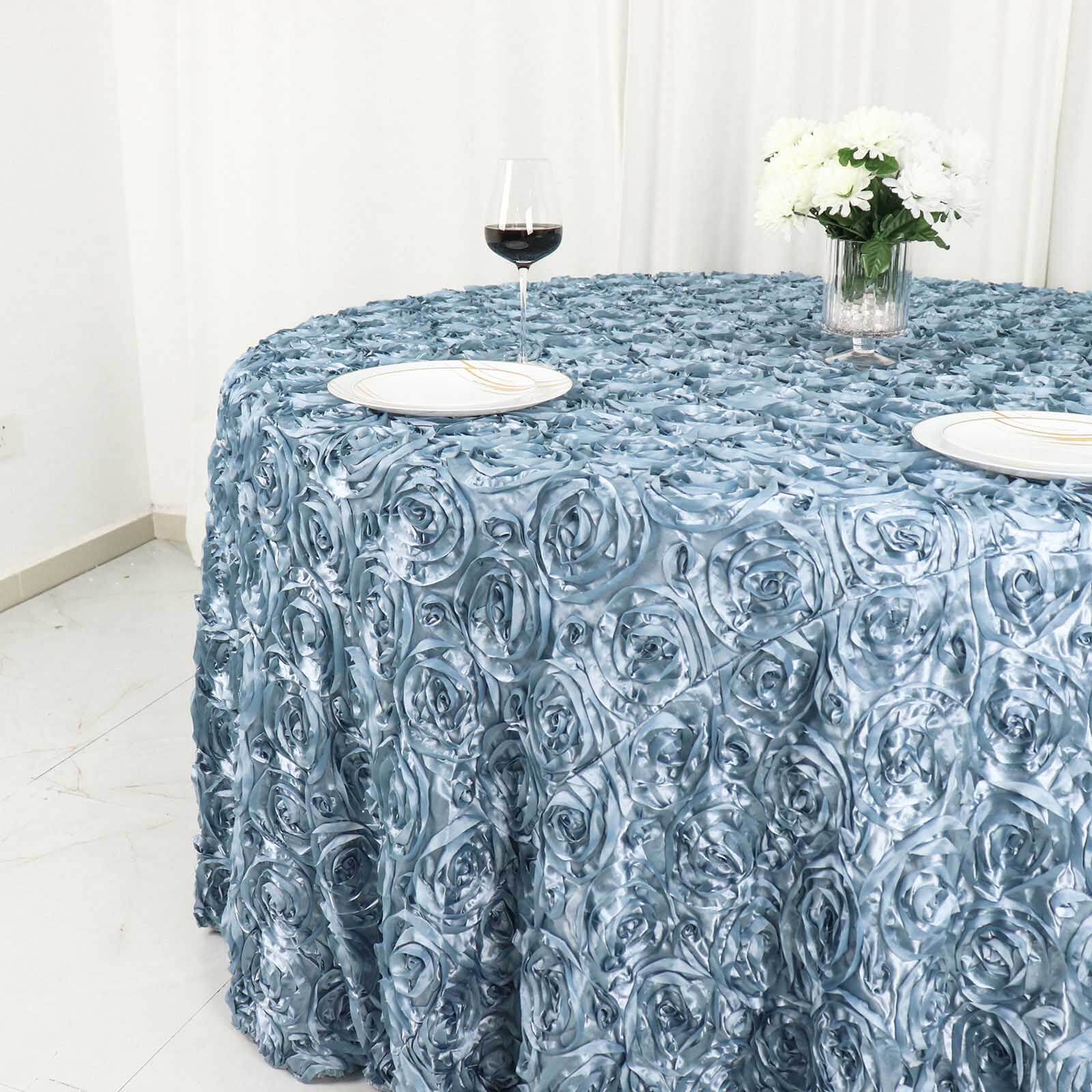 Hot! Dusty Blue 120" Satin Round Tablecloth with 3D Rosette & Seamless Finish