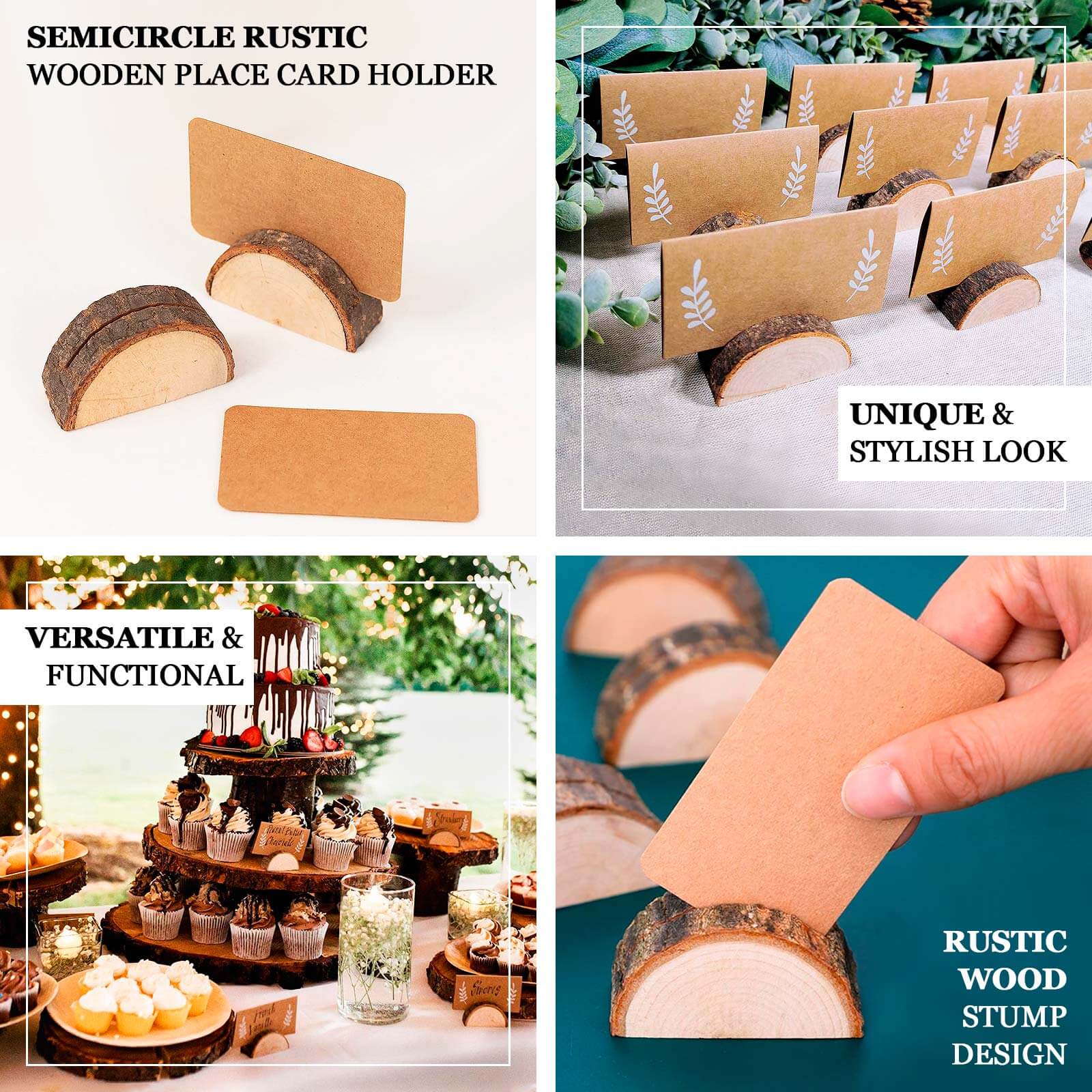 Set of 10 Natural Wood Place Card Holders with Brown Paper - Rustic Semicircle Design for Wedding Table Numbers