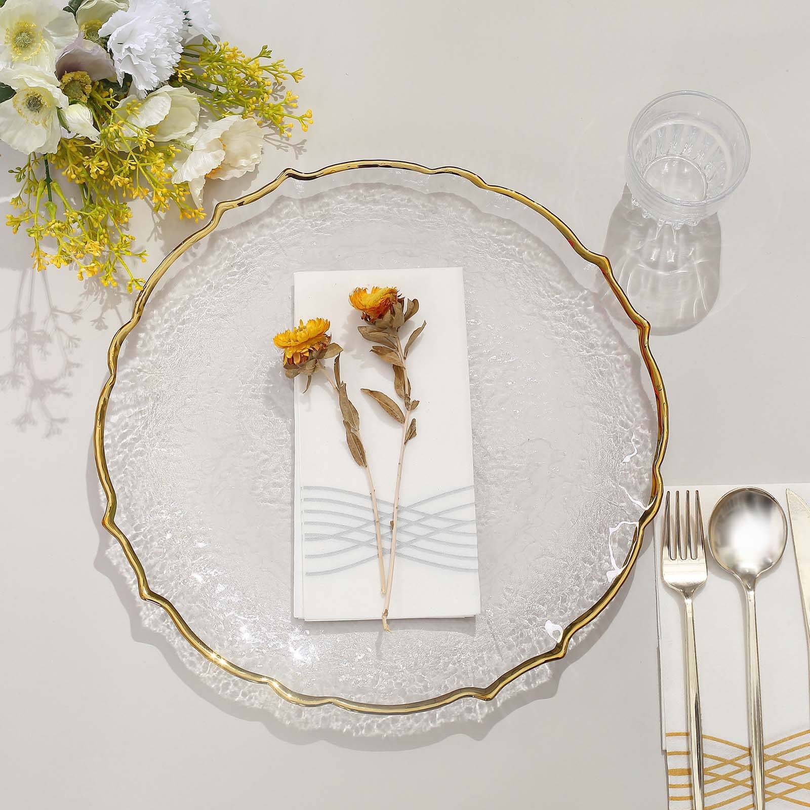 8-Piece Set of 13-Inch Clear Glass Charger Plates with Gold Sunflower Scalloped Edges