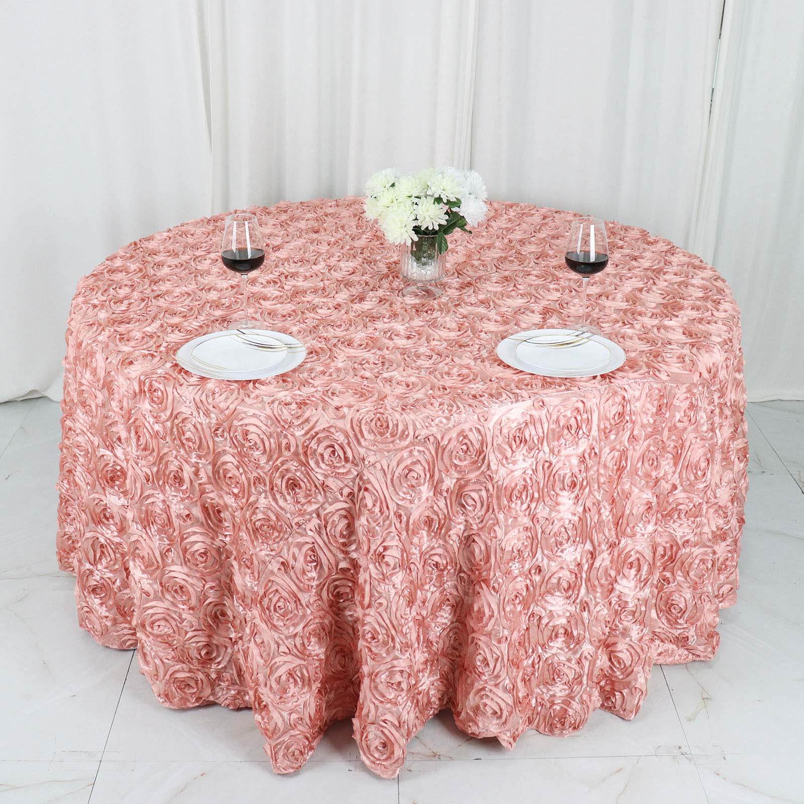 Hot! Dusty Rose Satin 120 Round Tablecloth with 3D Rosette & Seamless Finish