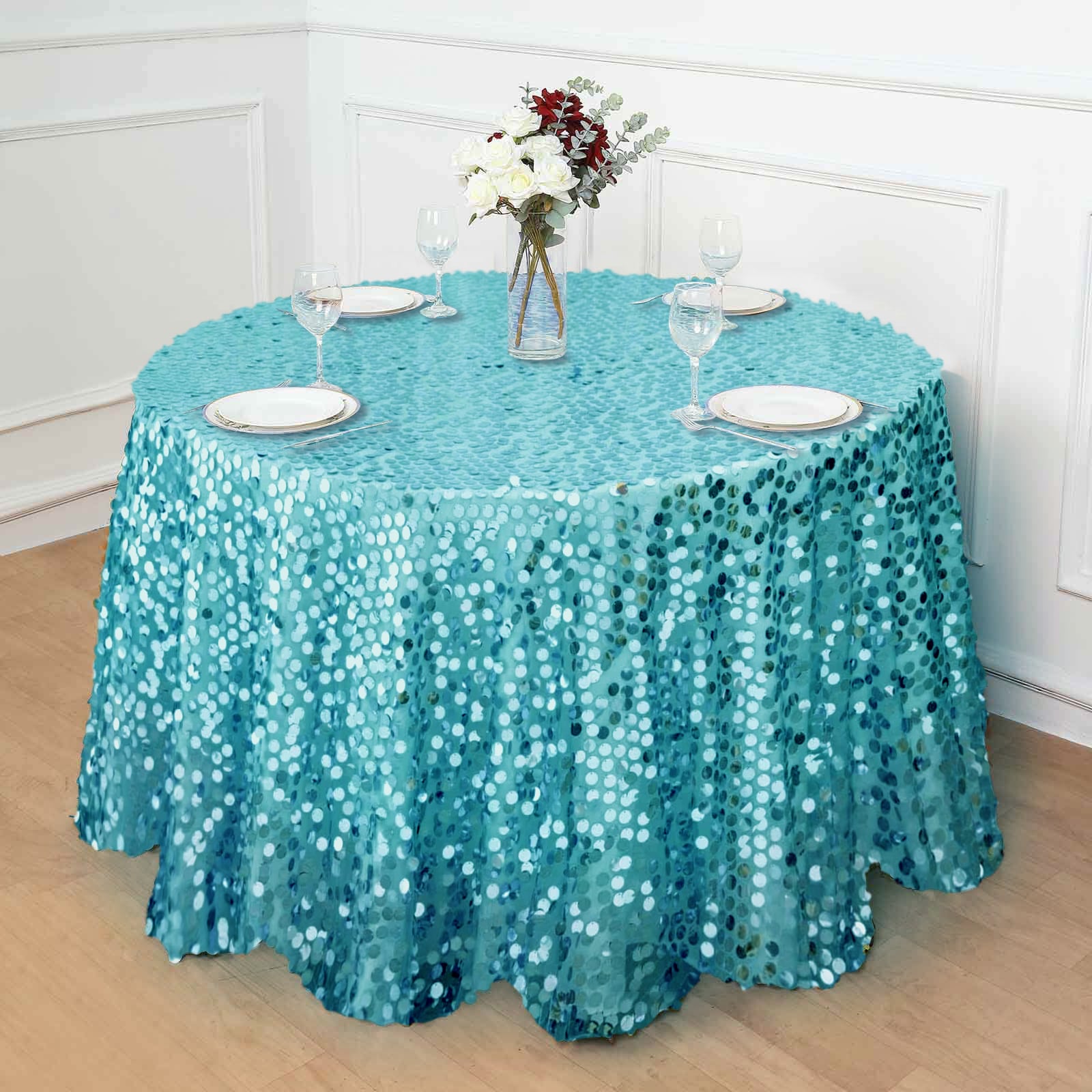 Promo! Turquoise Sequin 120-Inch Round Seamless Tablecloth for Weddings and Events