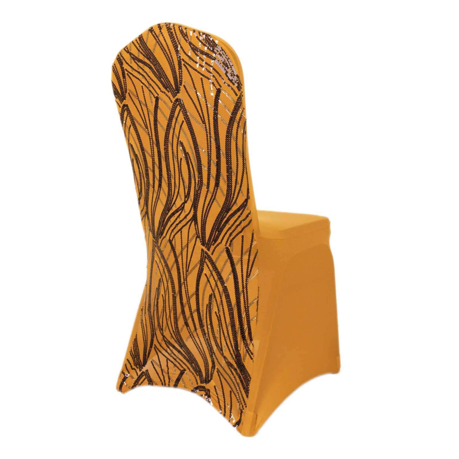 Hot! Gold/Black Glittering Spandex Chair Cover with Wave Embroidered Sequins for Banquets