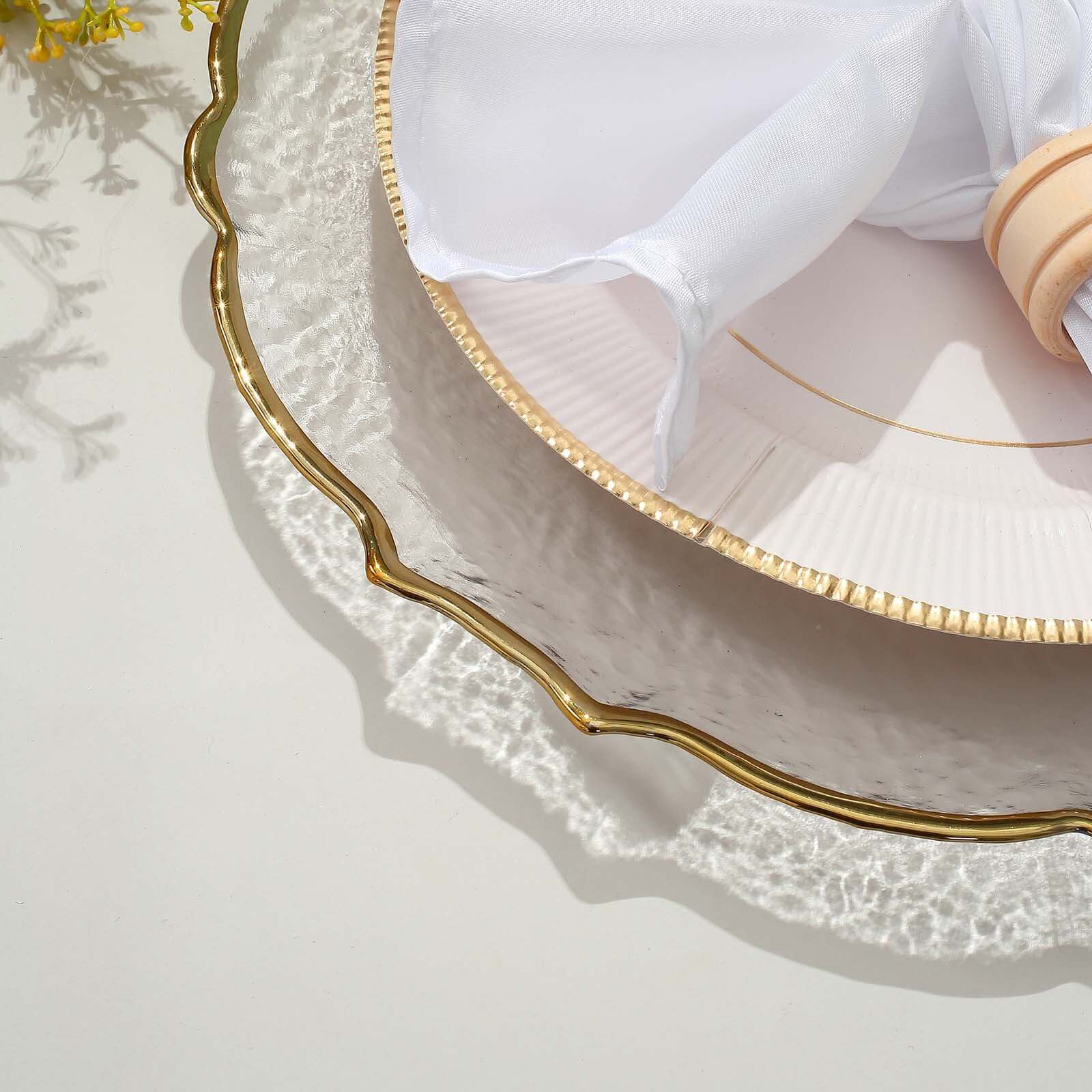 8-Piece Set of 13-Inch Clear Glass Charger Plates with Gold Sunflower Scalloped Edges