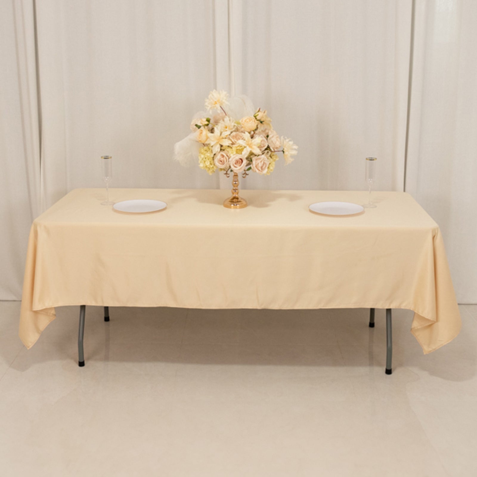 Beige Lamour Satin Rectangle Tablecloth - Durable & Silky Soft, Ideal for Events