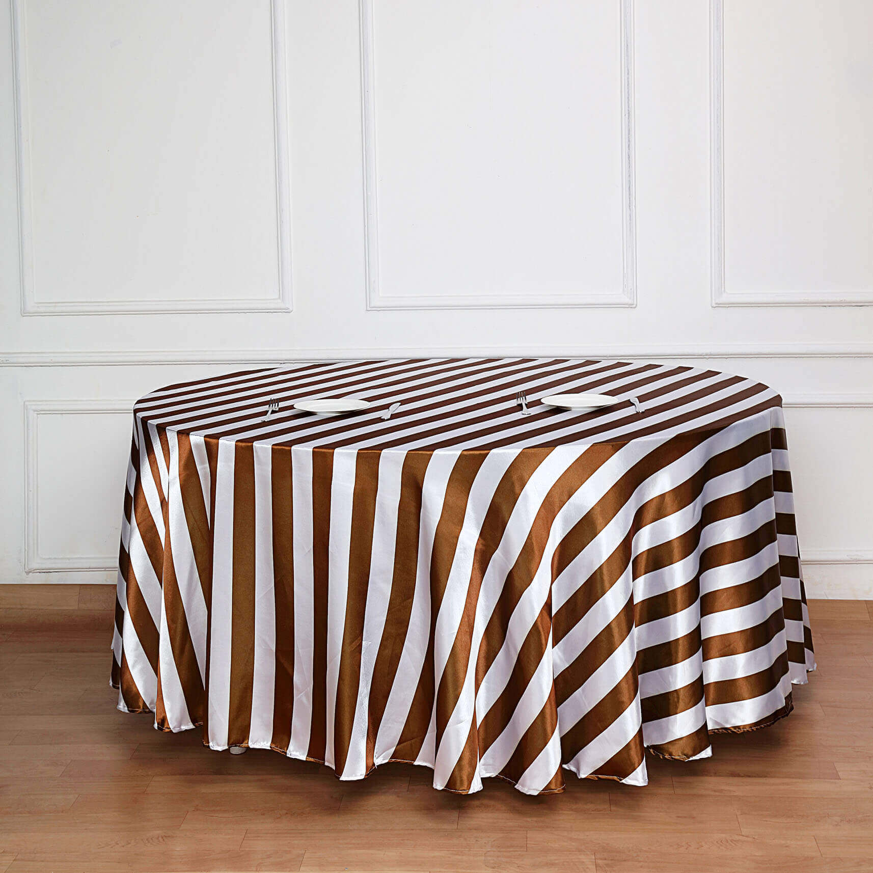 Hot Sale! 120-Inch Round Gold/White Stripe Satin Tablecloth with Seamless Smooth Finish