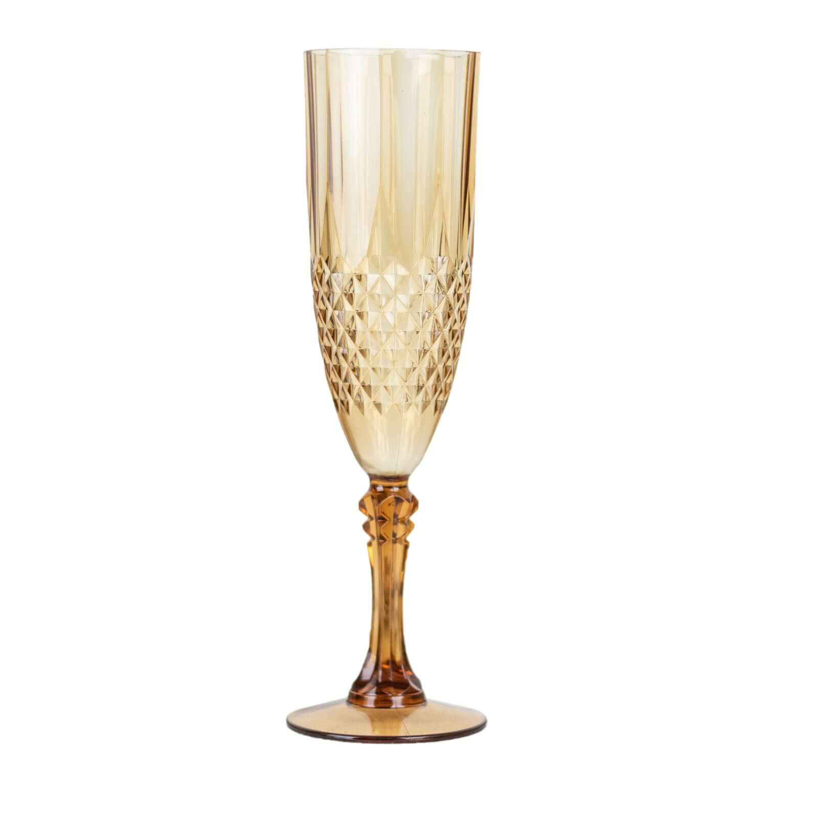 6-Piece Set of Reusable 8oz Amber Gold Plastic Champagne Toast Flutes with Crystal Cut Design