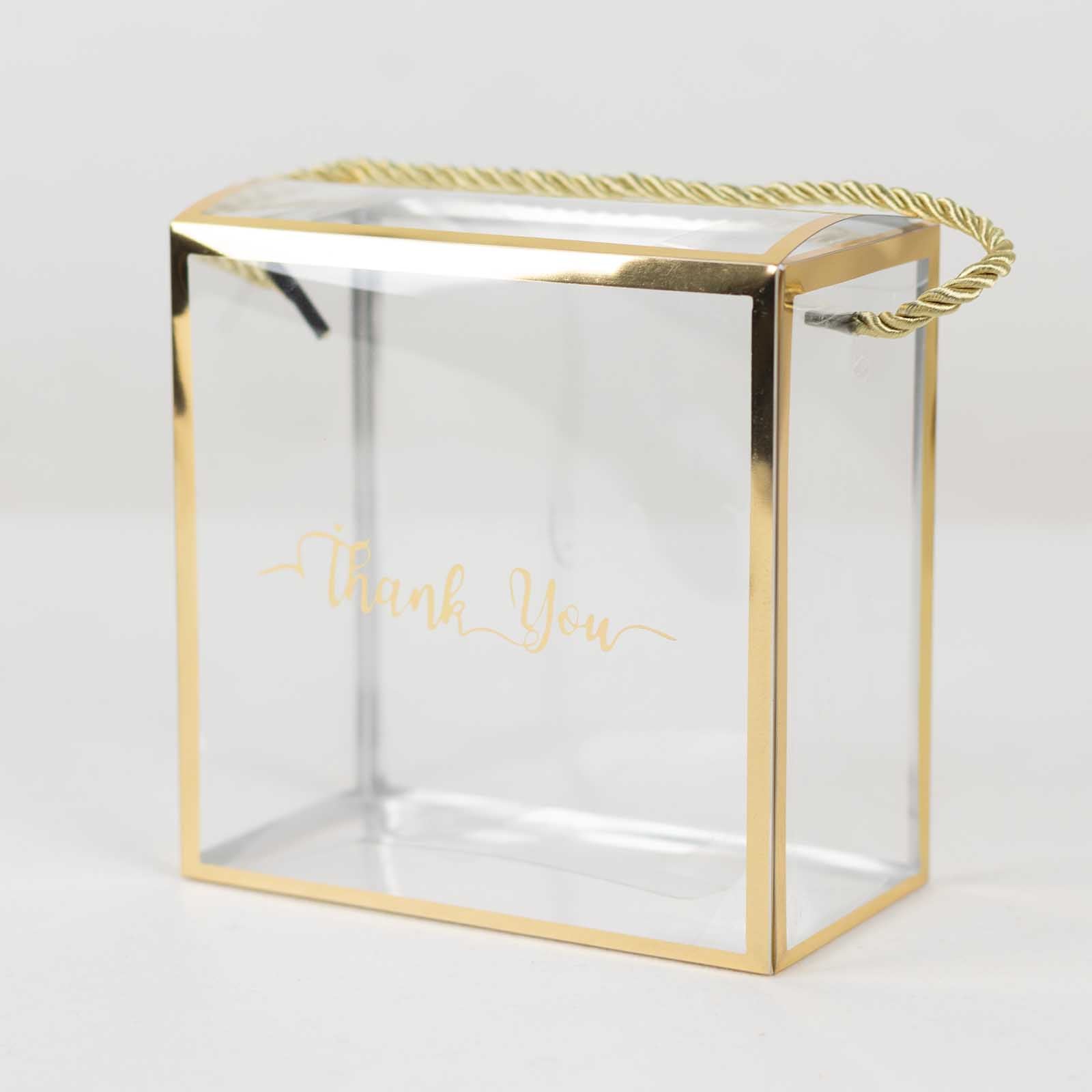25-Pack Gold-Trimmed Clear PVC Portable Candy Favor Boxes with Rope Handles and 'Thank You' Print