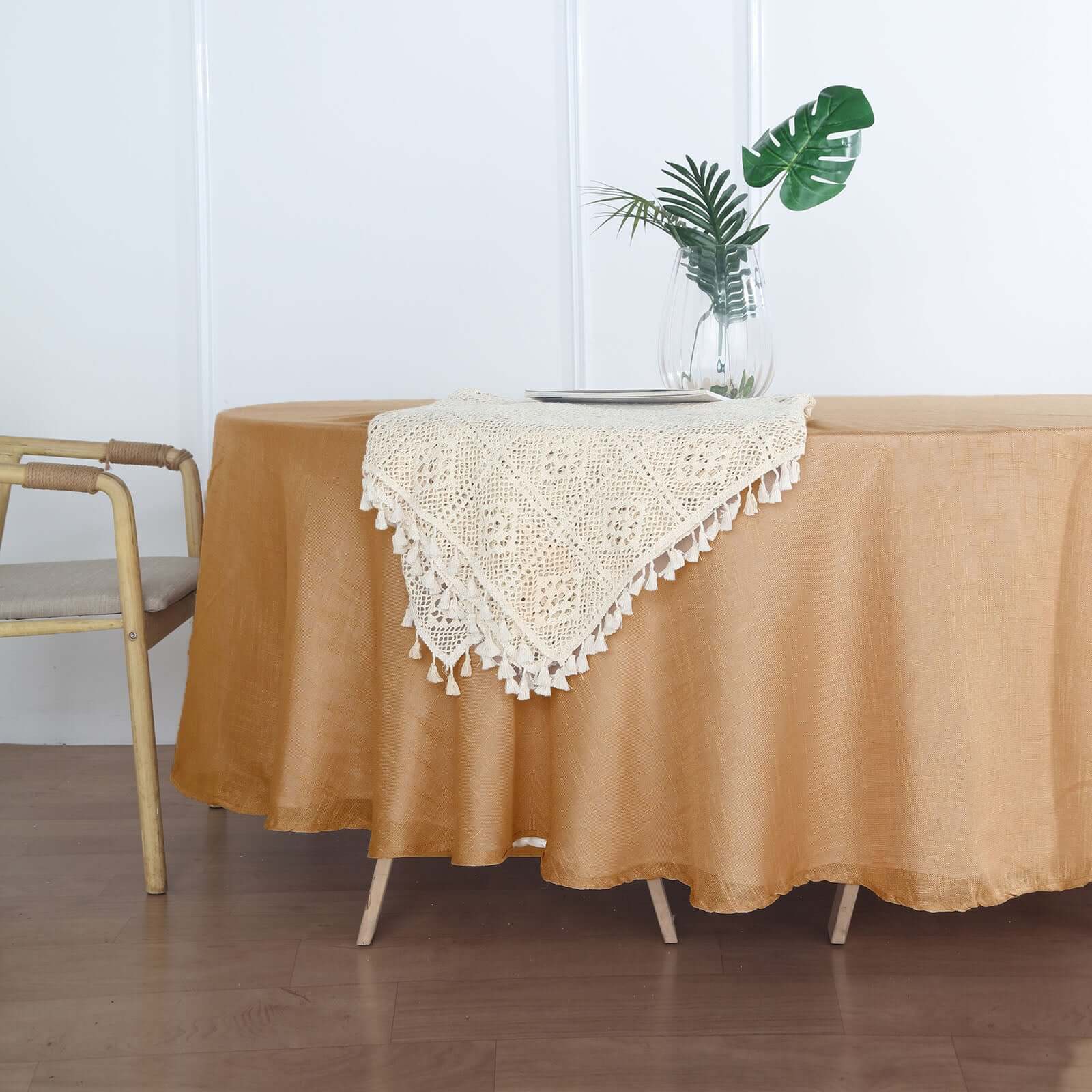 Natural Faux Linen 108 Round Wrinkle-Resistant Tablecloth - High Quality