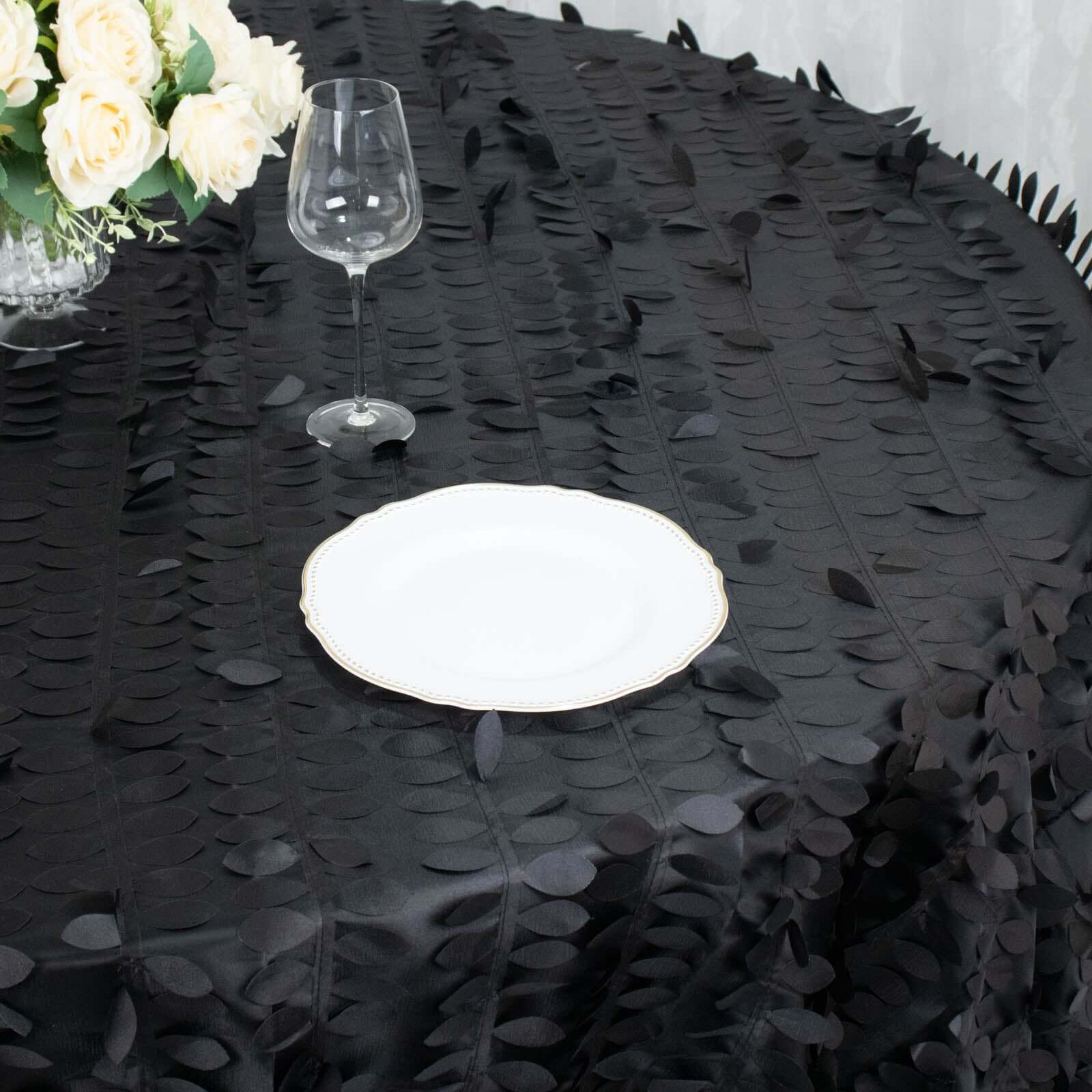Black 132-Inch Round Taffeta Tablecloth with 3D Leaf Petal Seamless Design