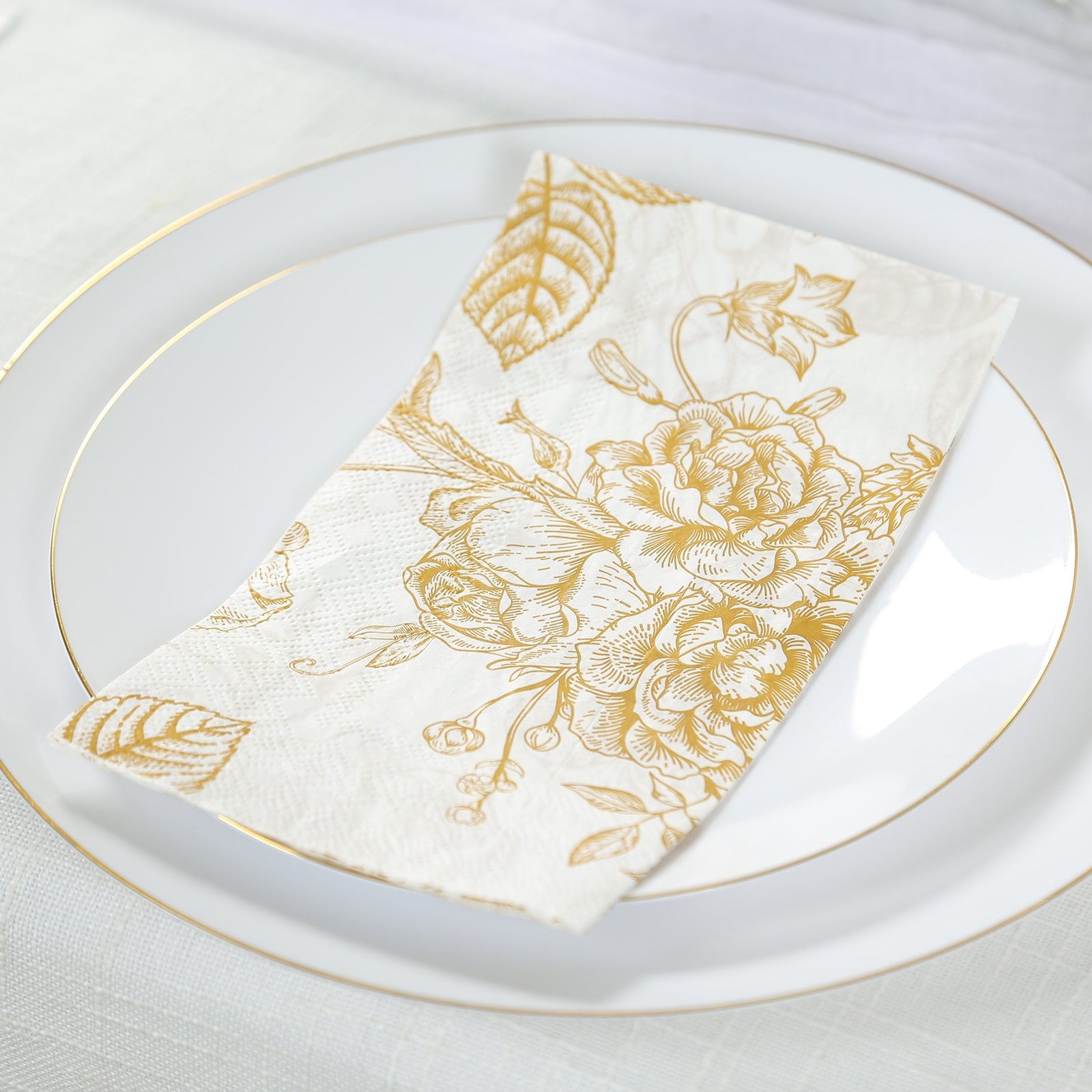 50-Piece 2-Ply White Paper Dinner Napkins with Gold French Toile Floral Design - Ideal for Events