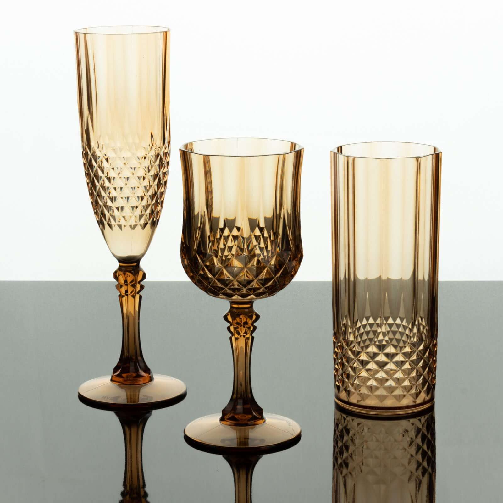 6-Piece Set of Reusable 8oz Amber Gold Plastic Champagne Toast Flutes with Crystal Cut Design