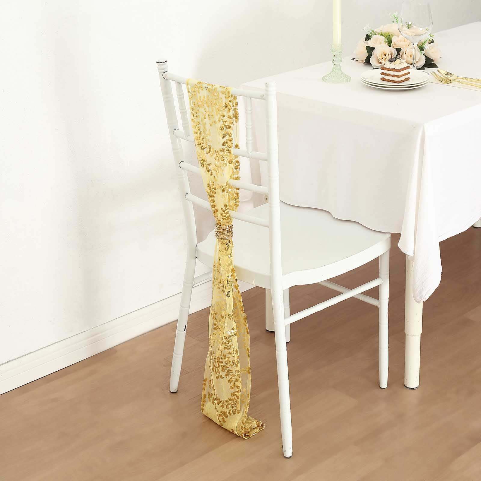 Set of 5 Gold Tulle Chair Sashes with Leaf Vine Embroidered Sequins, 6x88 - Ideal for Weddings