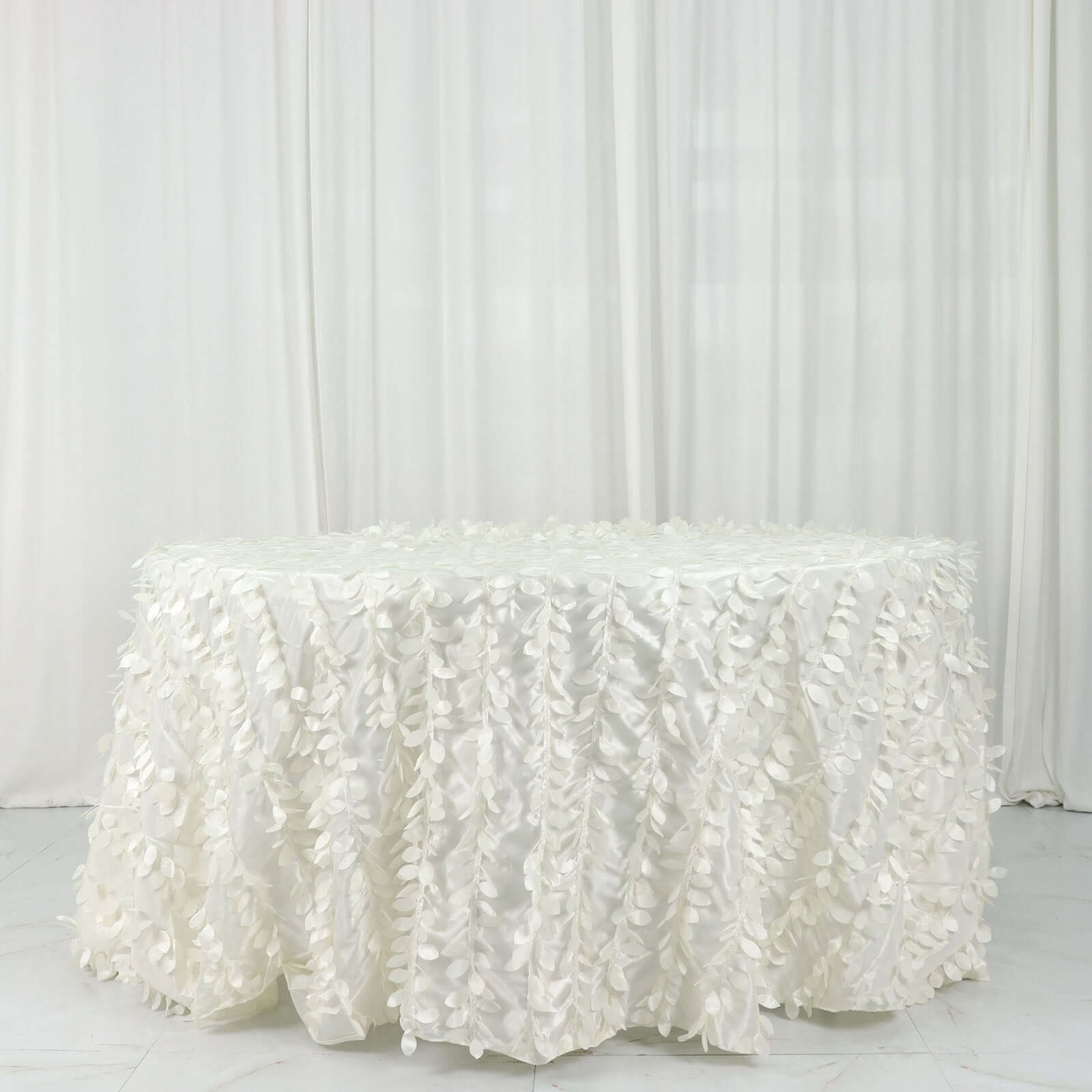 Ivory 132' Taffeta Round Tablecloth with Stunning 3D Leaf Petal Design