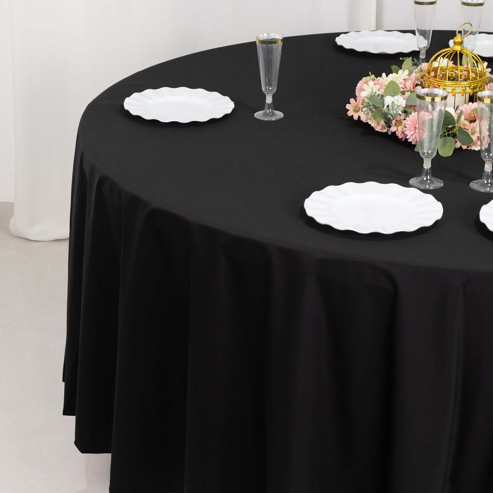 Black 108' Premium Wrinkle-Free & Stain-Resistant Scuba Round Tablecloth for Elegant Events