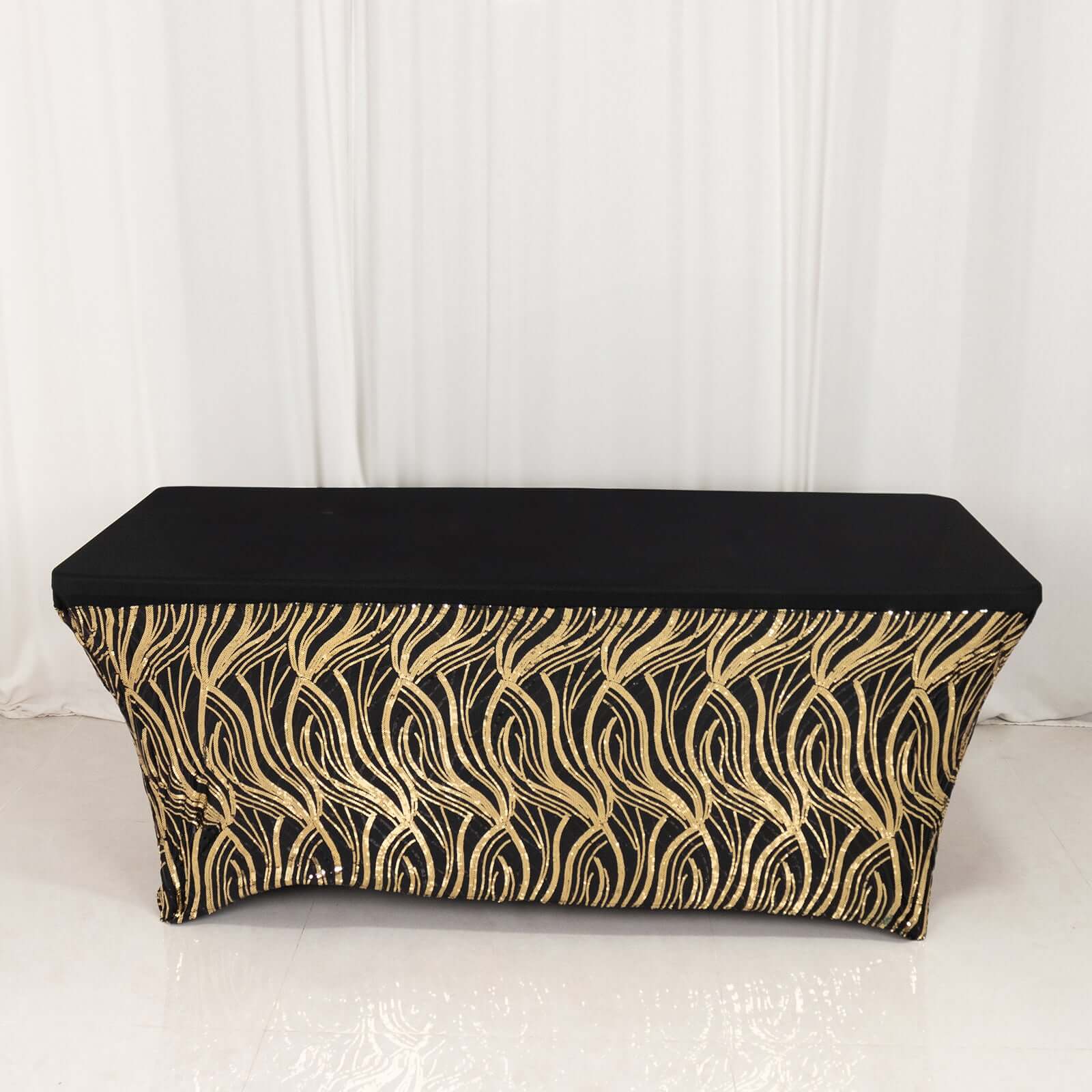 Black/Gold Wave Embroidered Four-Way Stretch Sequin Spandex Tablecloth for Luxe Events