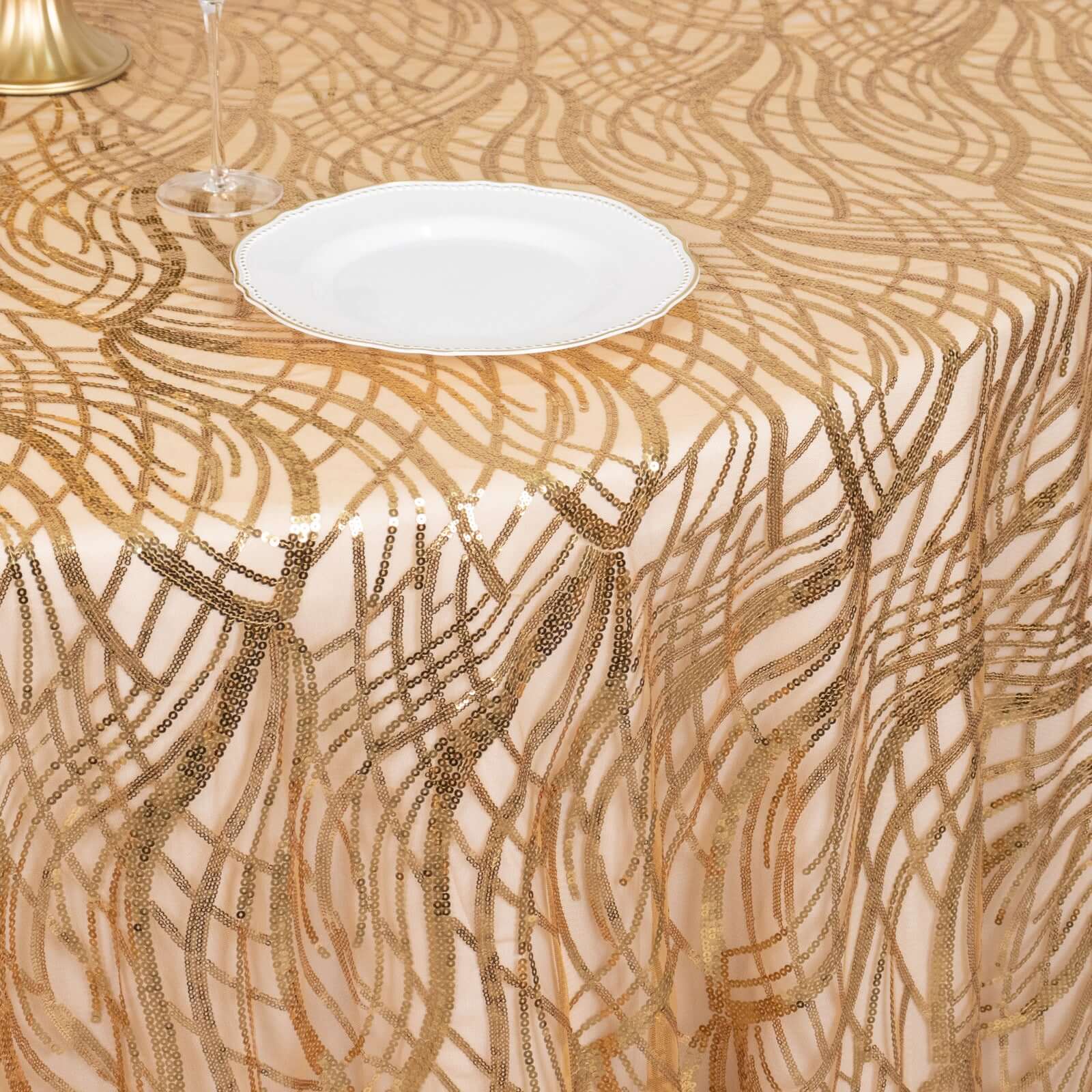 120' Gold Sequin Mesh Round Tablecloth with Seamless Wave Embroidered Design for Events