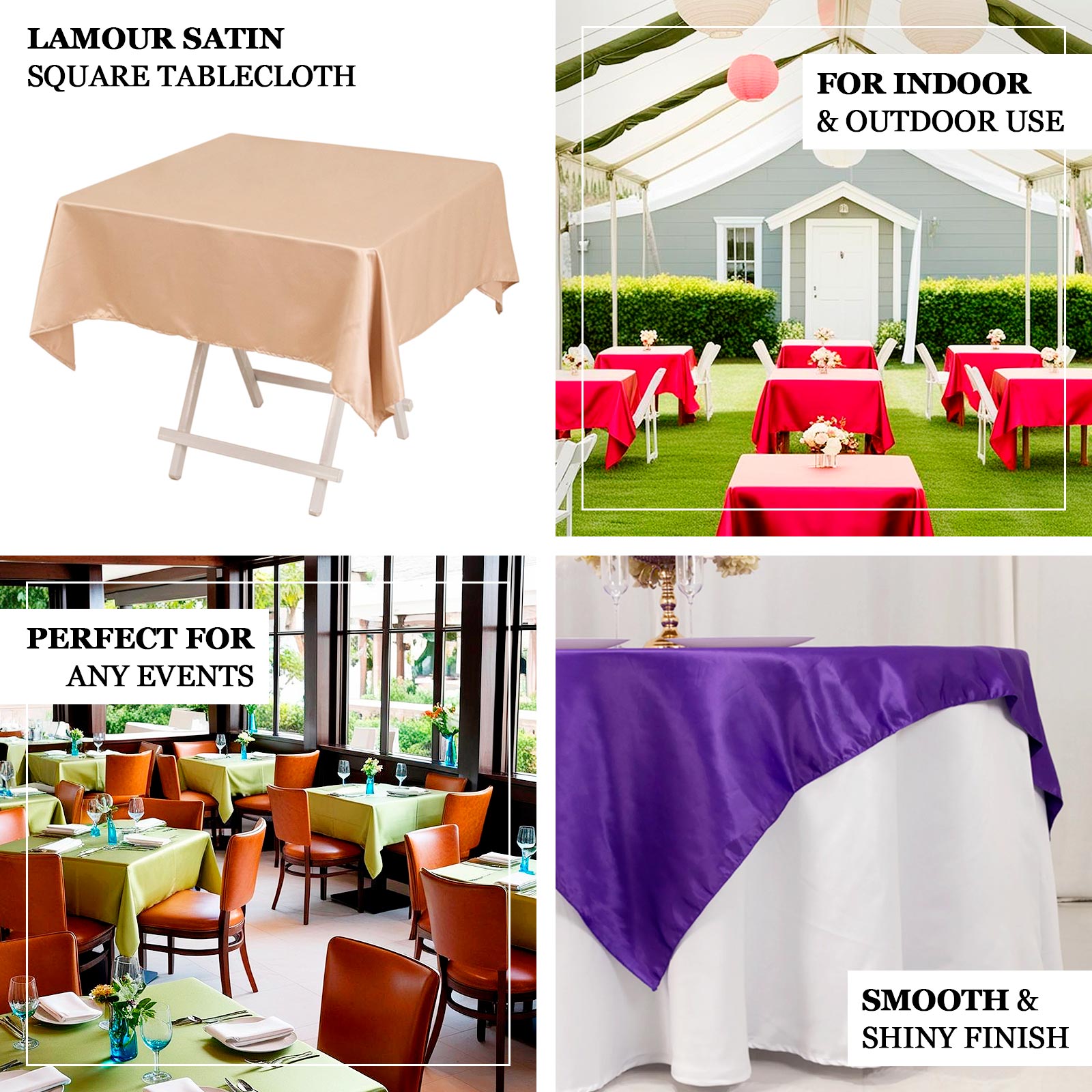 Champagne Lamour Satin 54x54 Square Tablecloth - Durable, Silk - like Cover