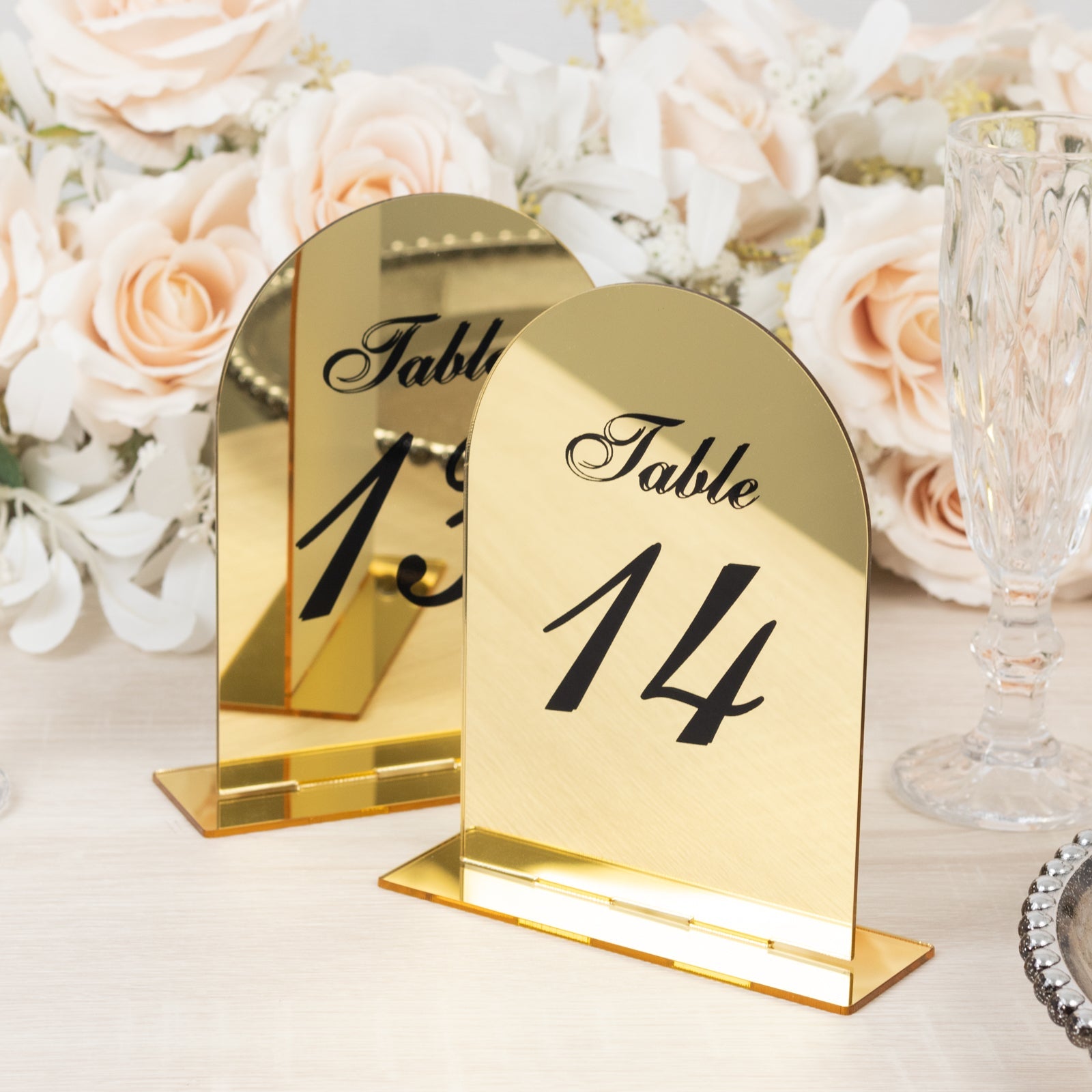 Gold Mirror Arch Acrylic Wedding Table Numbers (11 - 20) - 6x7 Signs with Black Print & Stands