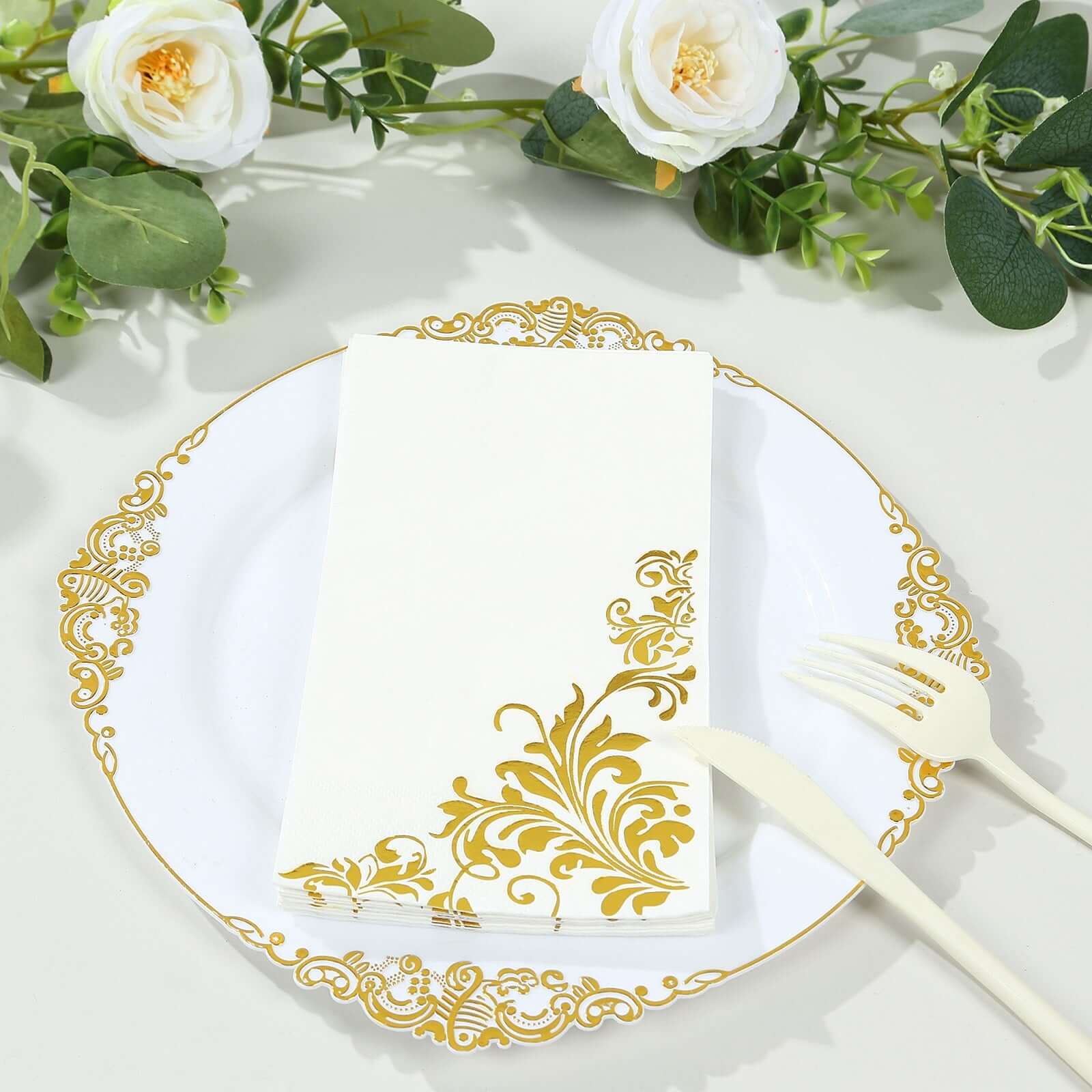 Hot! 50-Pack White Paper Dinner Napkins with Gold Baroque Floral Print