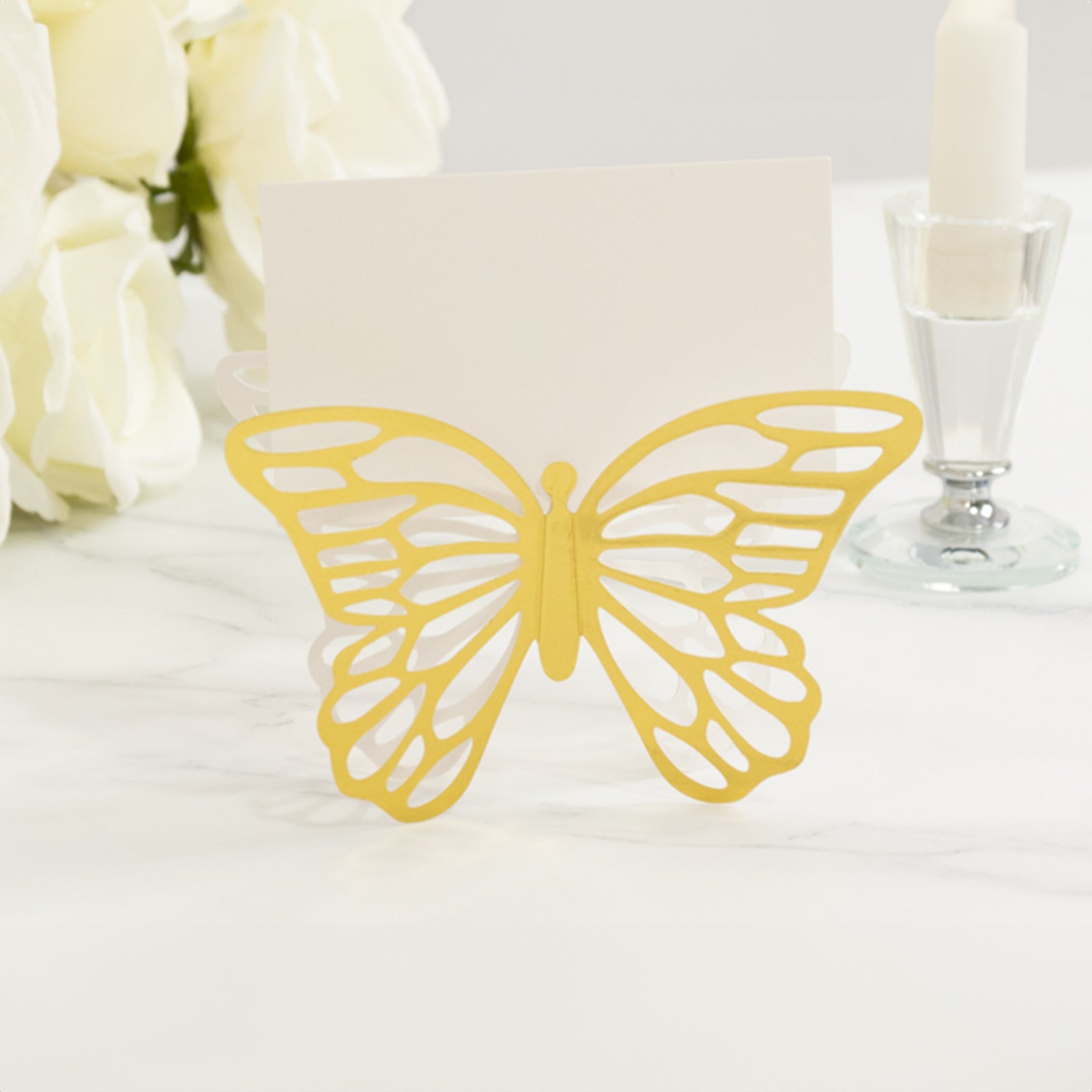 25-Piece Gold Paper Butterfly Place Card Holders with Printable White Cards - 3D Free-Standing 3x5 Table Number Stands