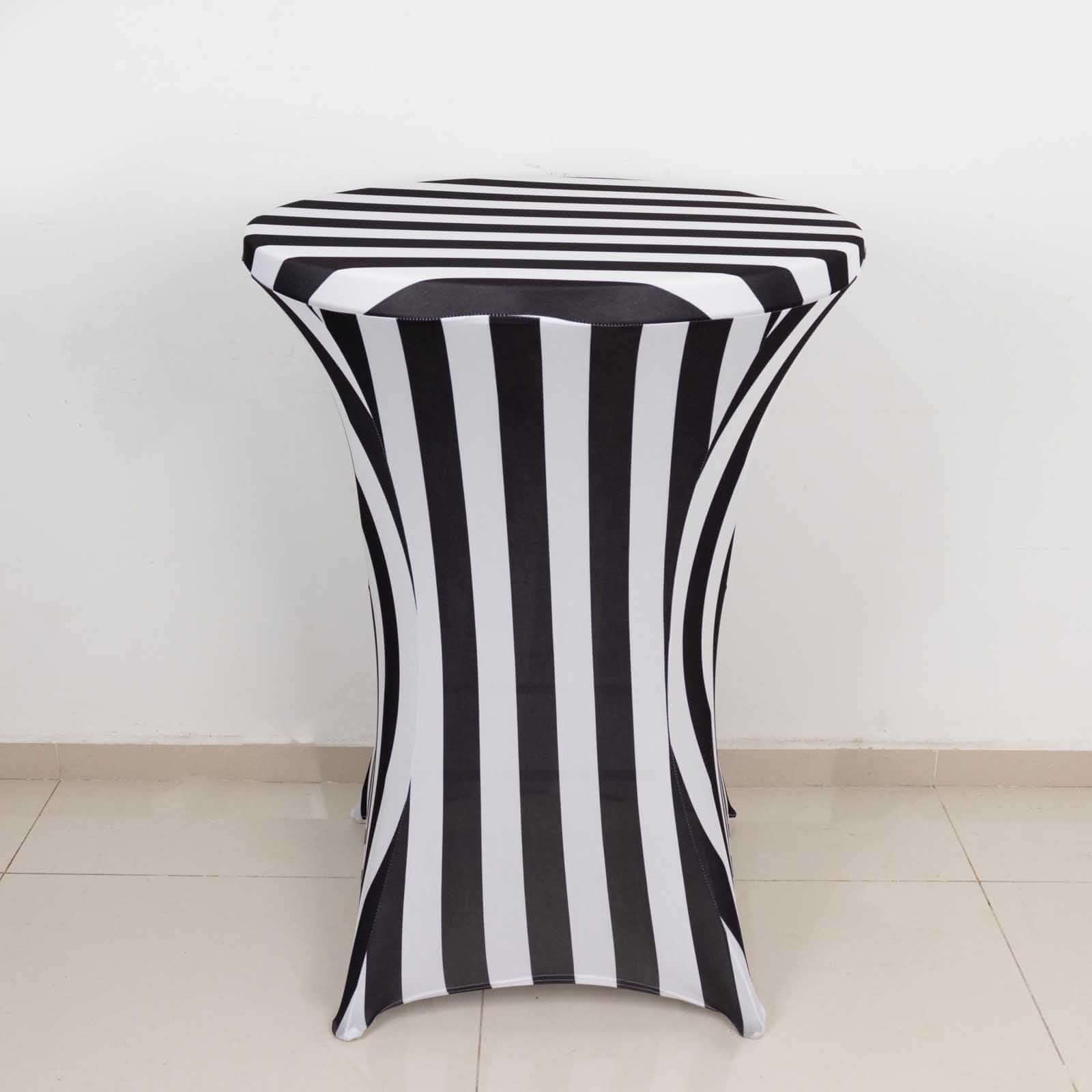 Black/White Striped Spandex 32-Inch Fitted Stretch Cocktail Table Cover - Low-Maintenance