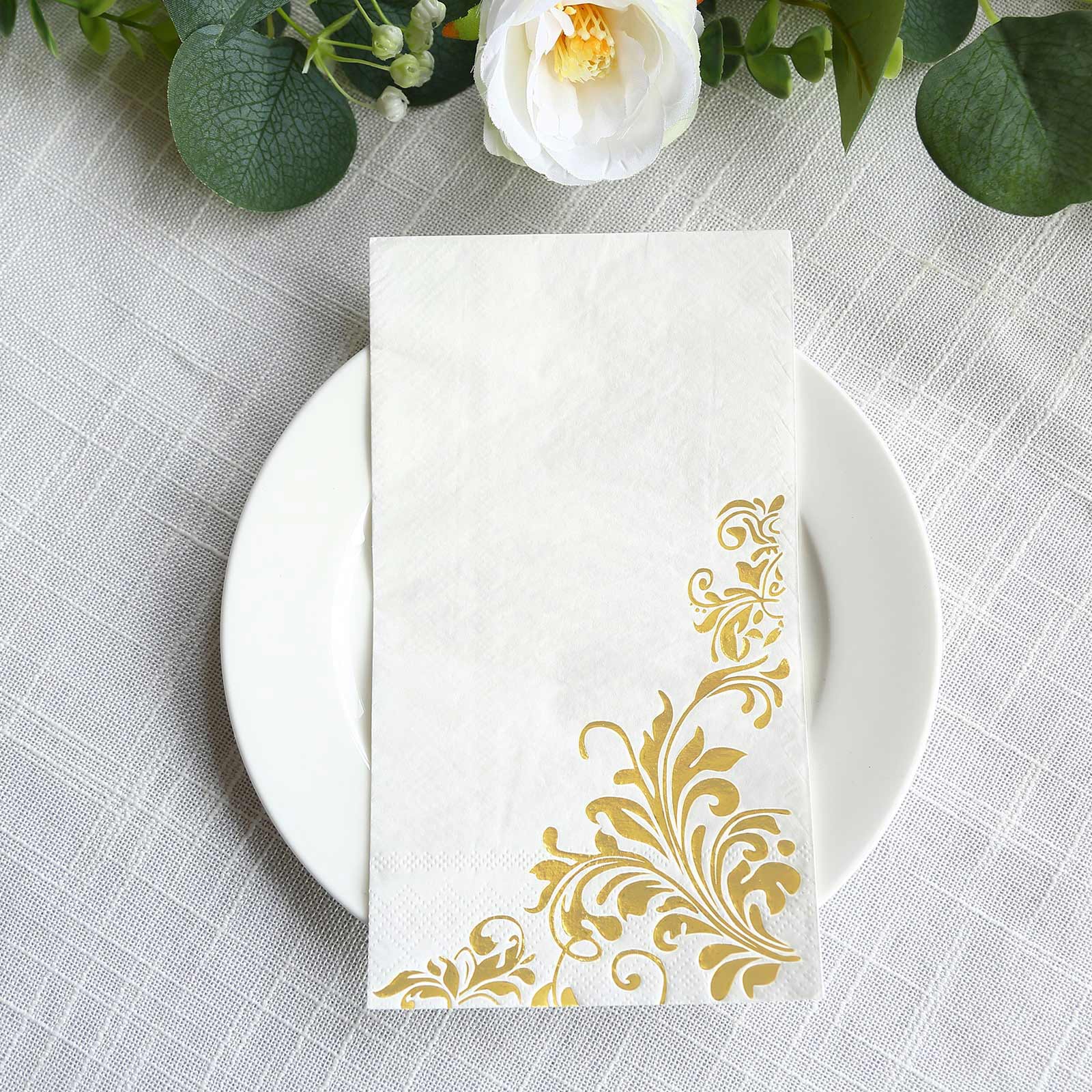 Hot! 50-Pack White Paper Dinner Napkins with Gold Baroque Floral Print