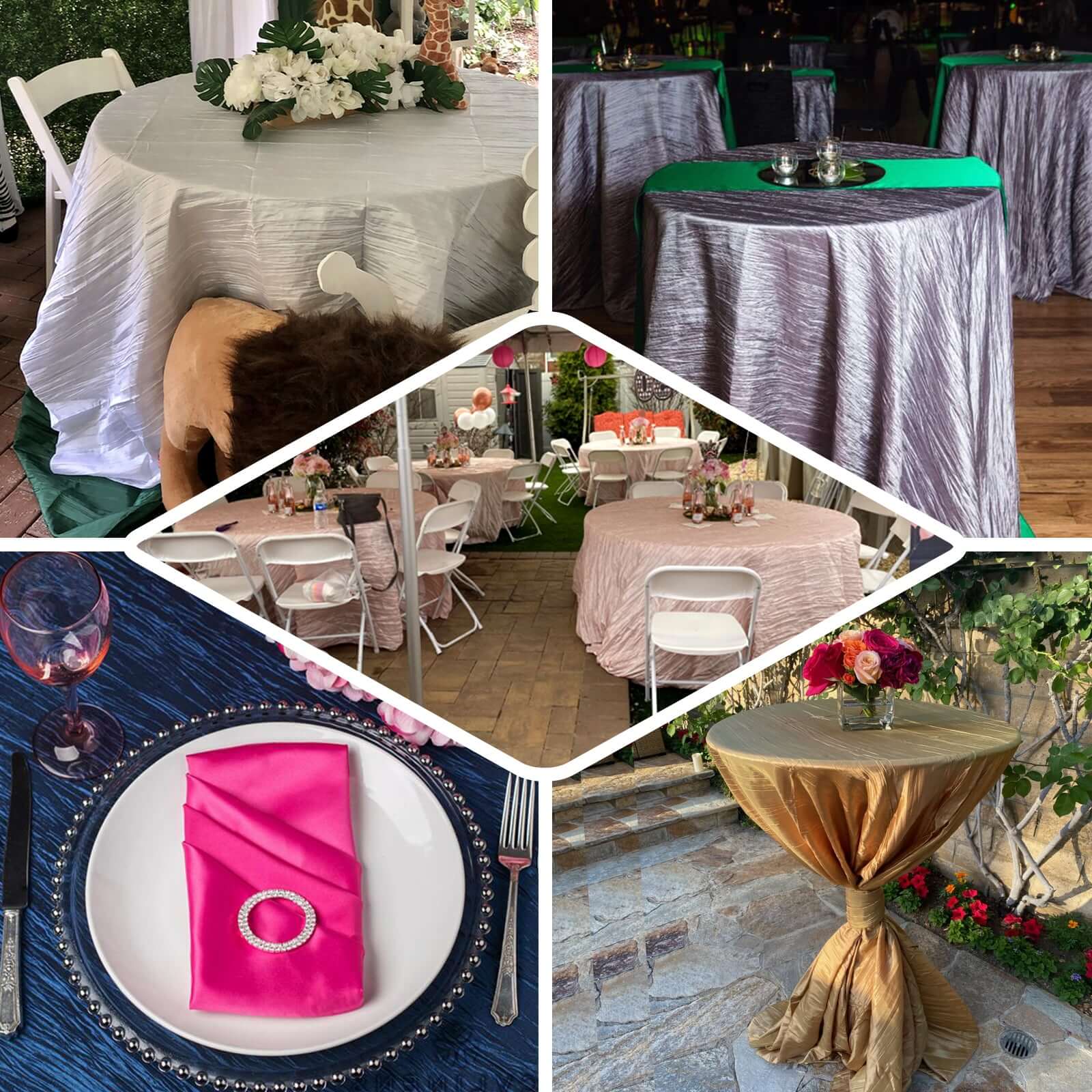120-Inch Seamless Accordion Crinkle Dusty Rose Taffeta Round Tablecloth