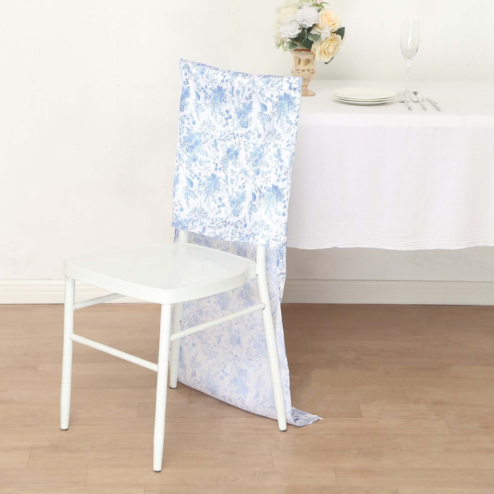Hot! Satin French Toile Floral Slipcover for Chiavari Chairs in White/Blue - Ideal for Weddings
