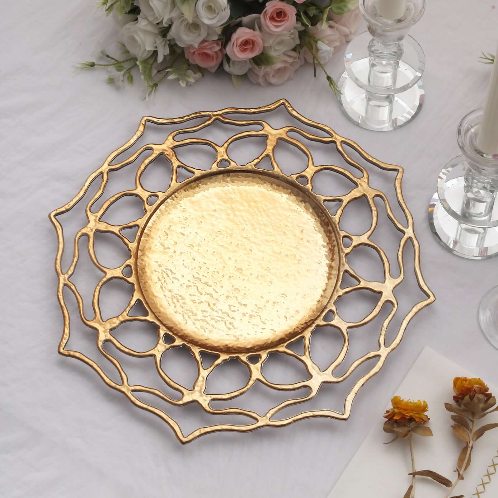 Hot Sale! 6-Pack 13-Inch Gold Acrylic Round Charger Plates with Floral Cutout Design