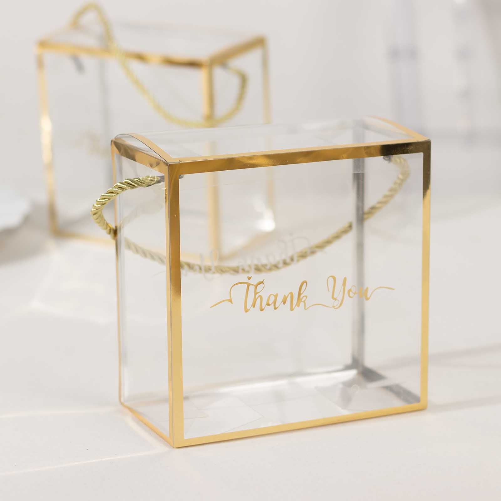 25-Pack Gold-Trimmed Clear PVC Portable Candy Favor Boxes with Rope Handles and 'Thank You' Print
