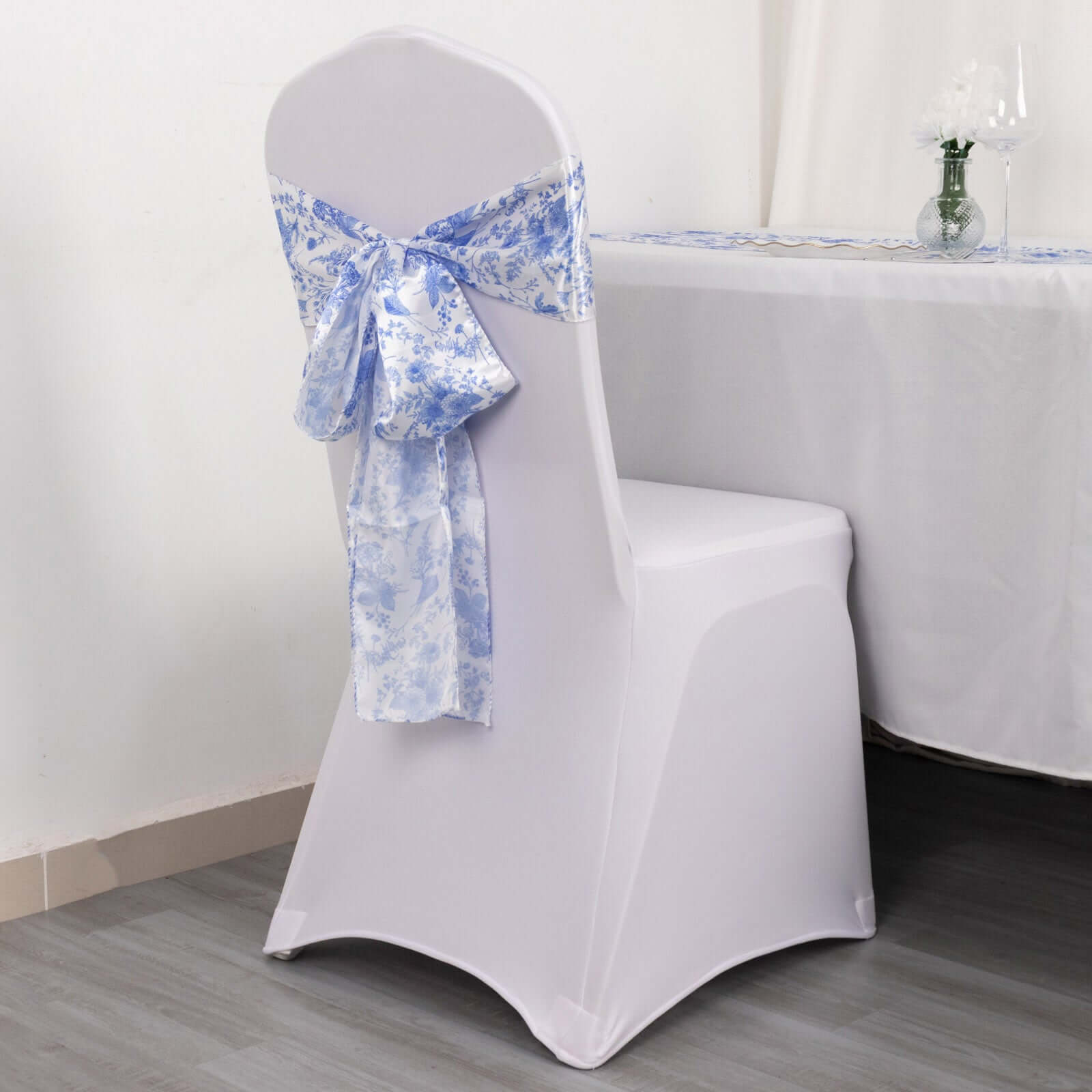 Special Offer! 5-Piece Set of Wrinkle-Resistant, Reusable Satin Chair Sashes in White/Blue French Toile Floral Design