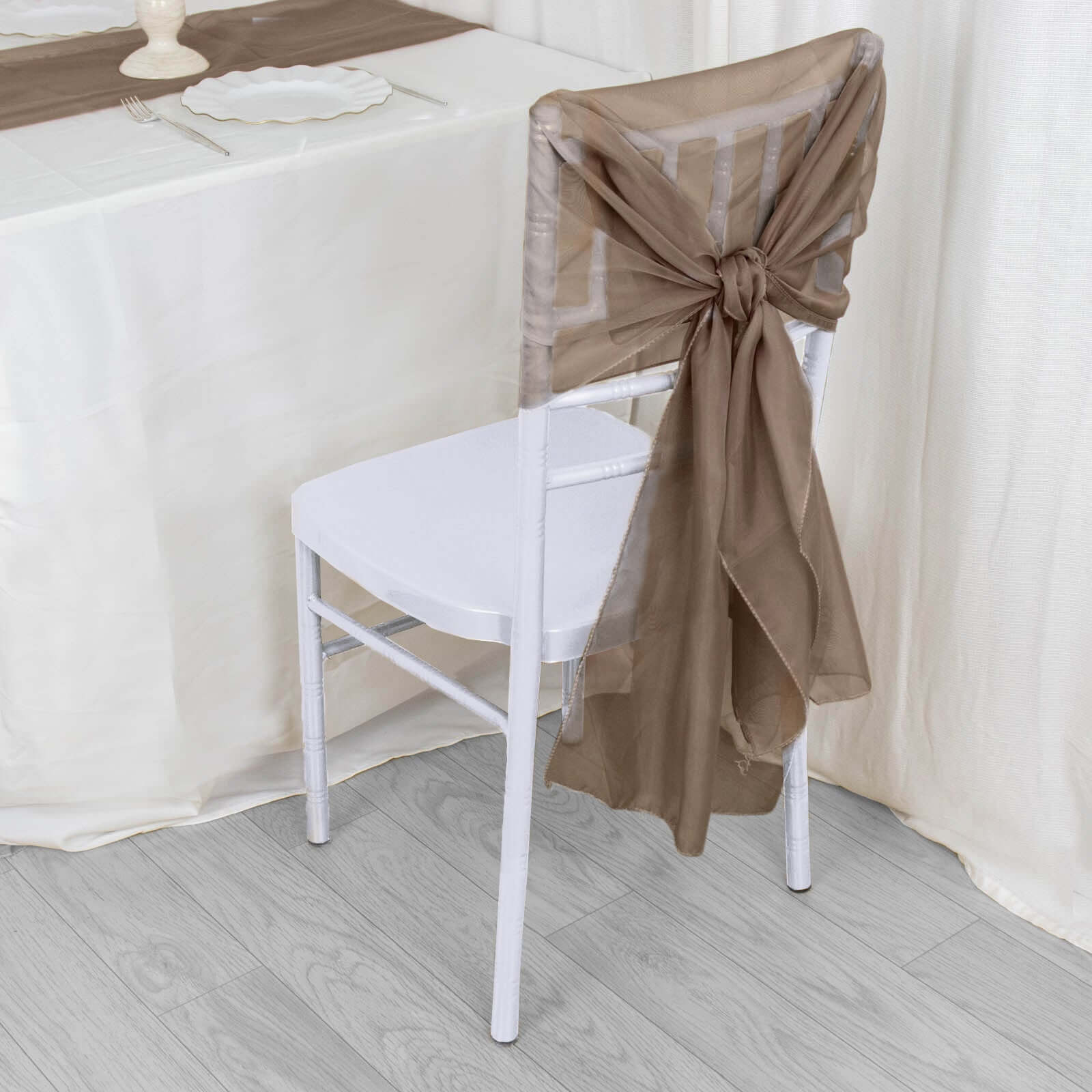 5-Pack Taupe Premium Chiffon Chair Sashes - Soft, Lightweight Designer Chair Bows (22x78)