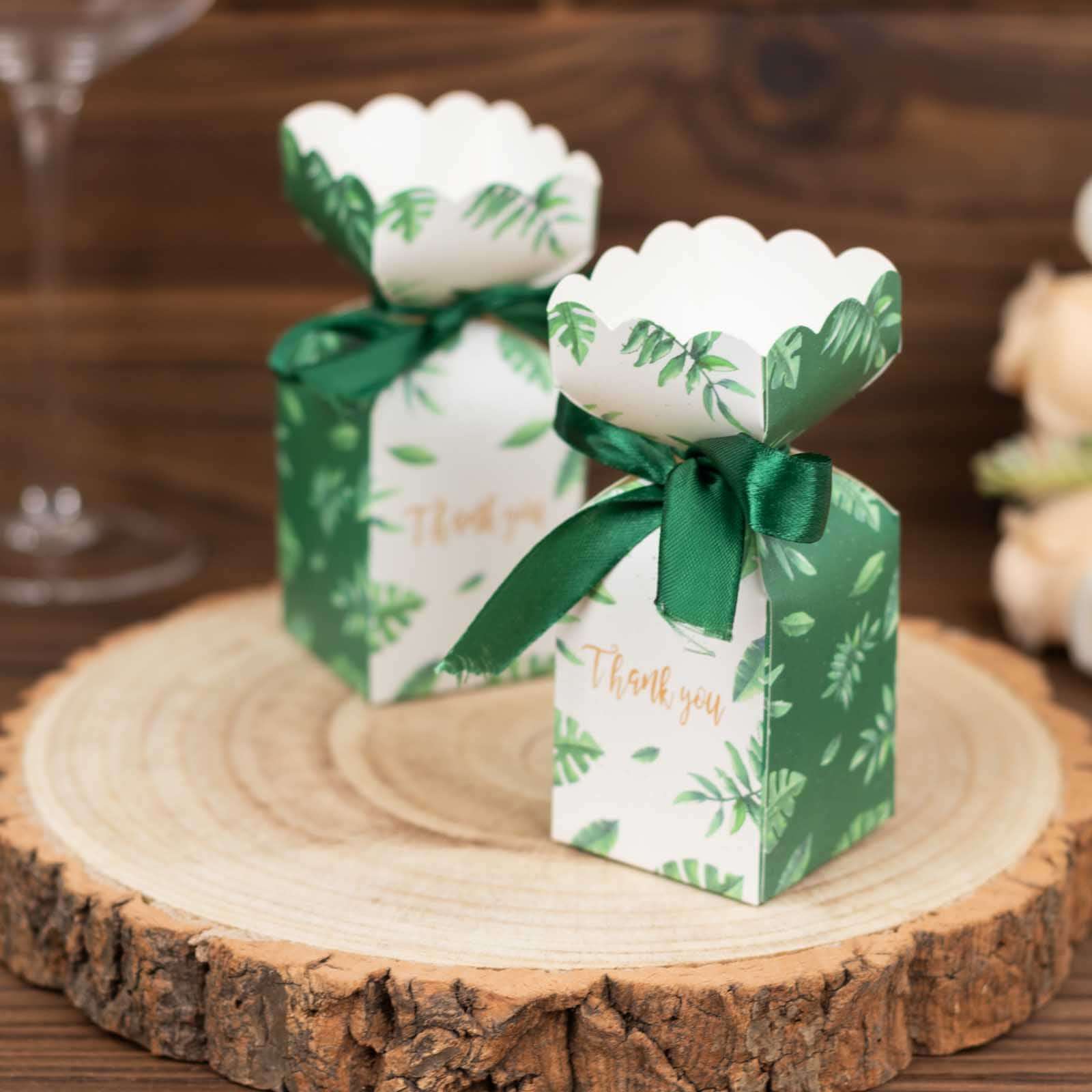 25-Pack Green Leaf Print Satin Ribbon Candy Gift Boxes - Perfect Party Favors