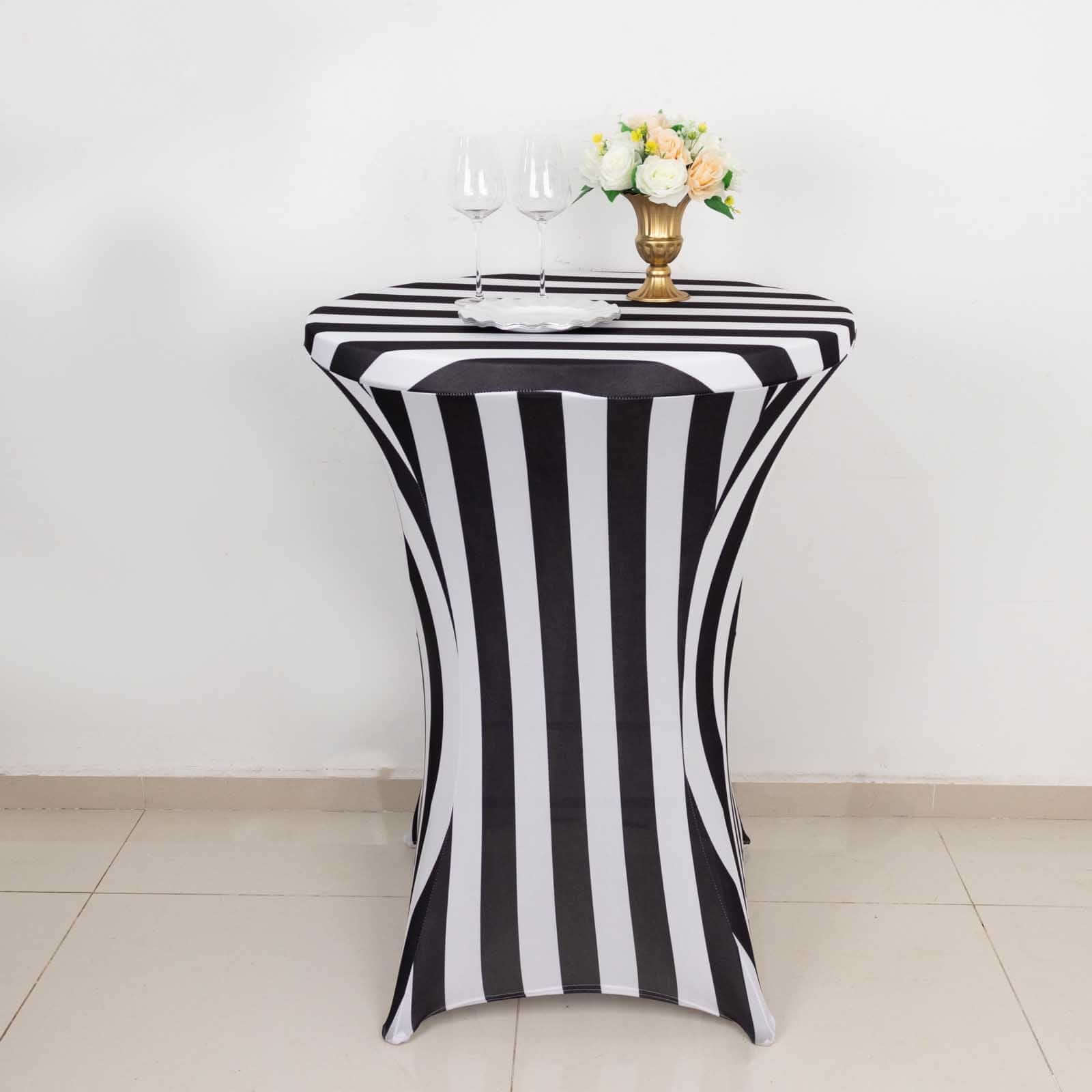 Black/White Striped Spandex 32-Inch Fitted Stretch Cocktail Table Cover - Low-Maintenance