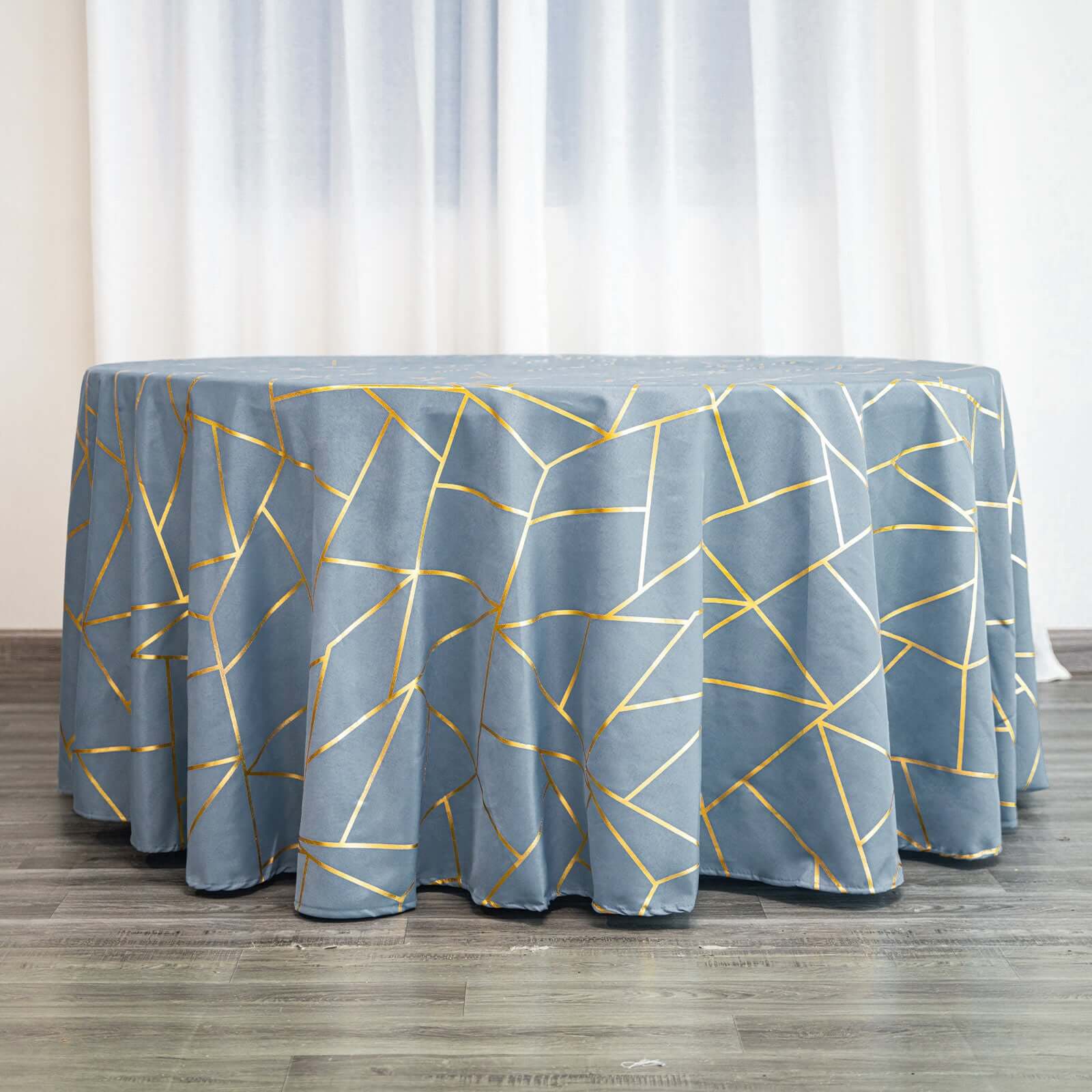 Hot Sale! Wrinkle-Resistant Seamless Polyester 120' Round Tablecloth in Dusty Blue with Gold Foil Geometric Design