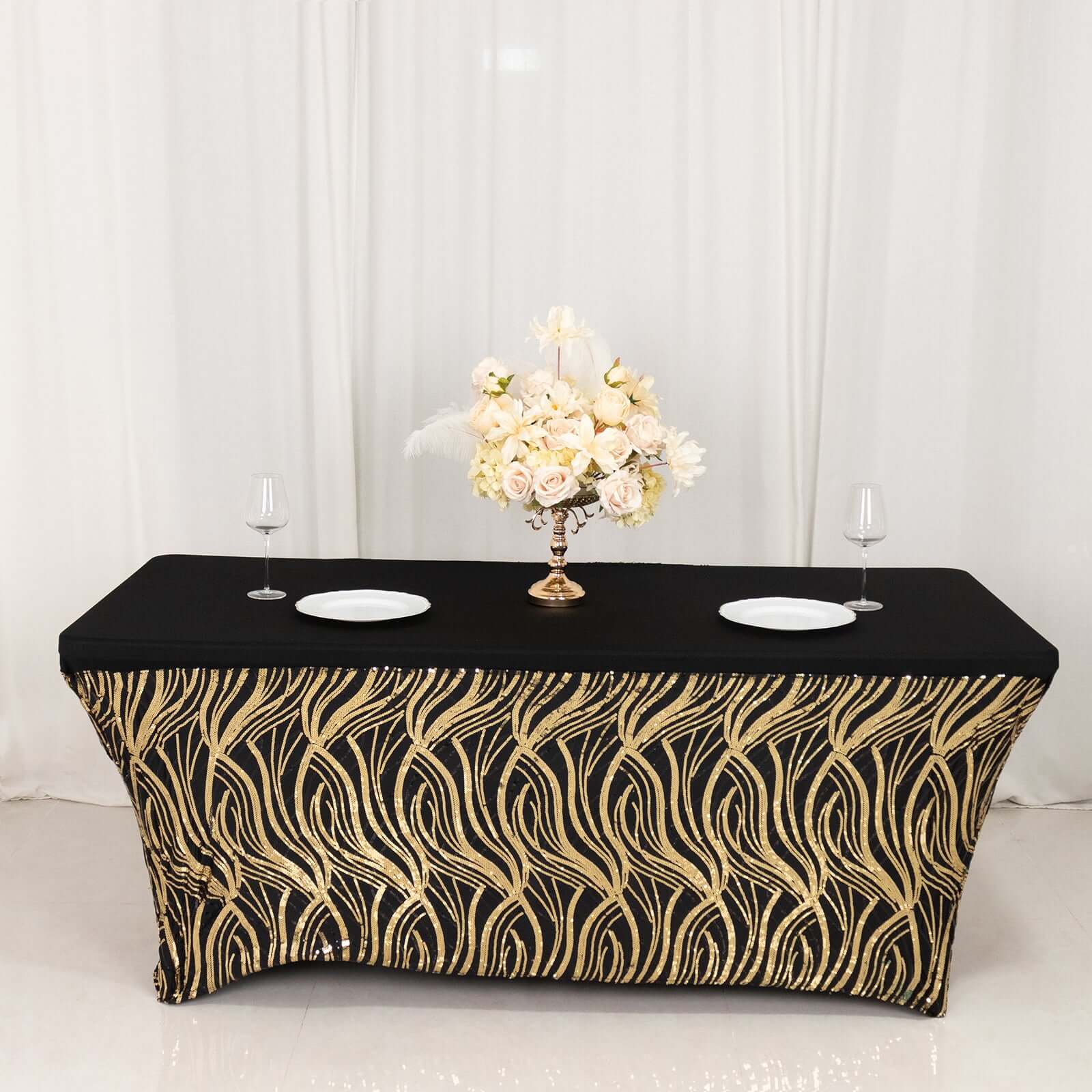 Black/Gold Wave Embroidered Four-Way Stretch Sequin Spandex Tablecloth for Luxe Events